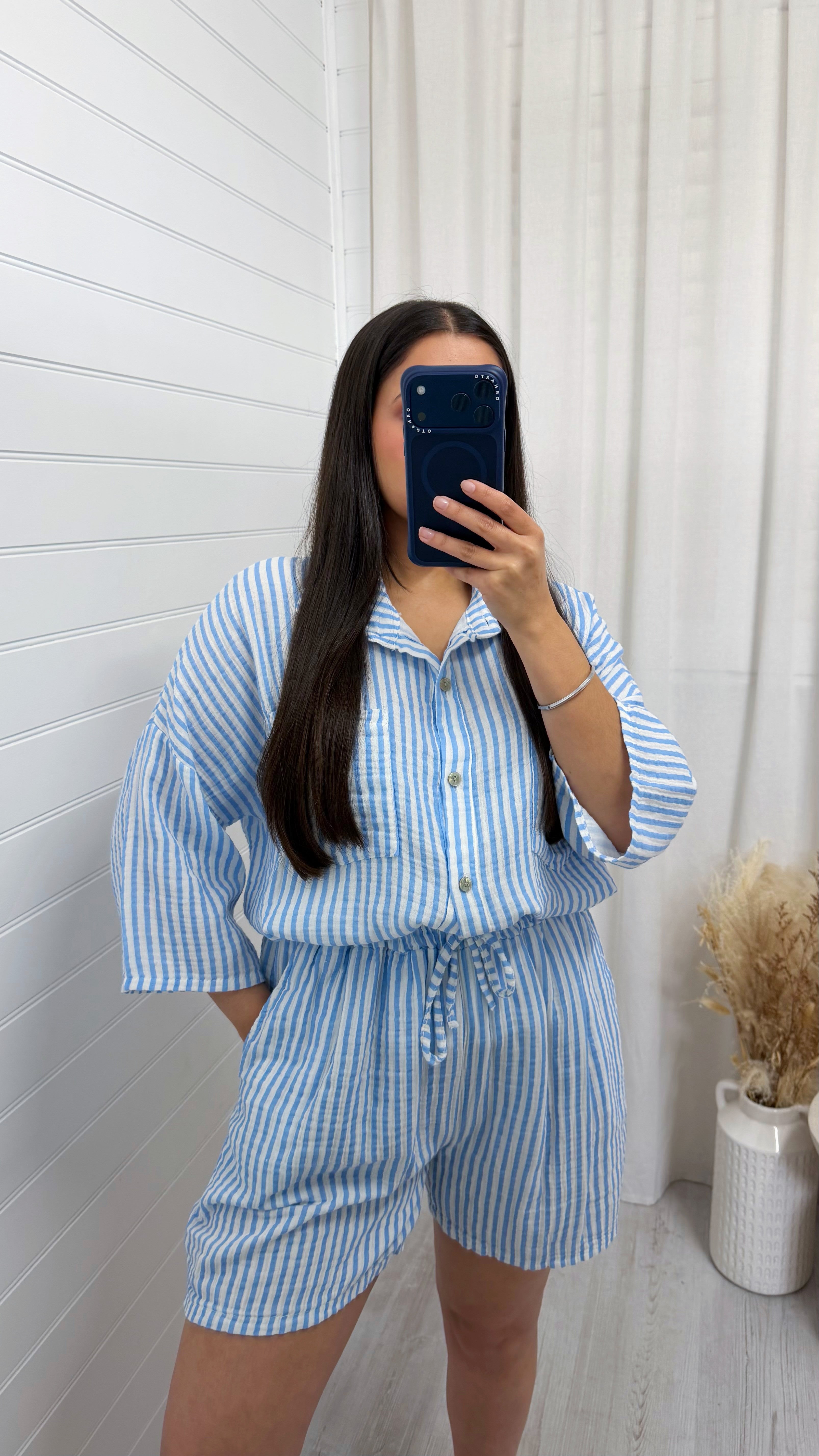 Cheesecloth Pinstripe Shirt and Shorts Co-Ord - BLUE