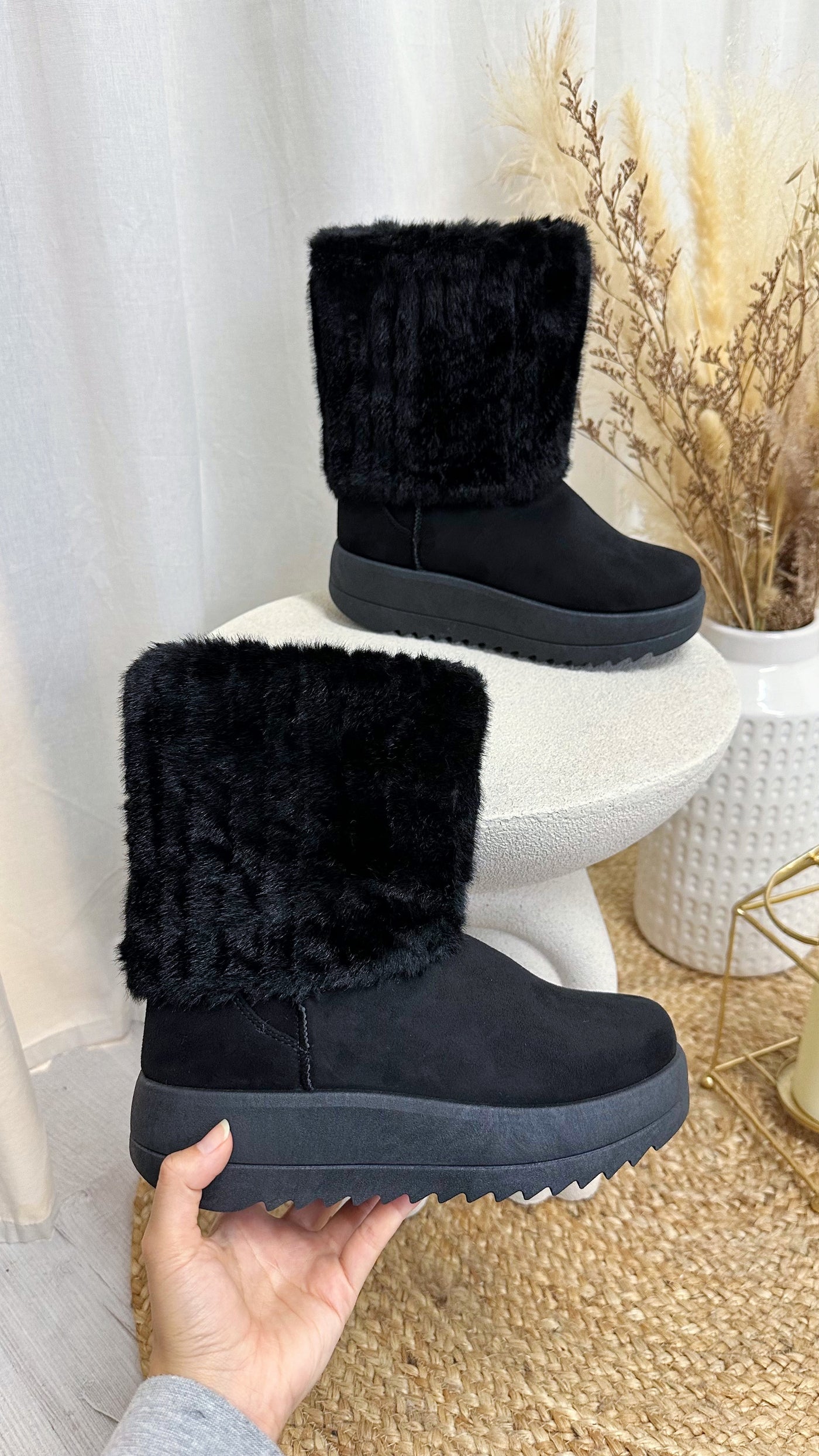 Faux Fur Calf Length Boots - BLACK