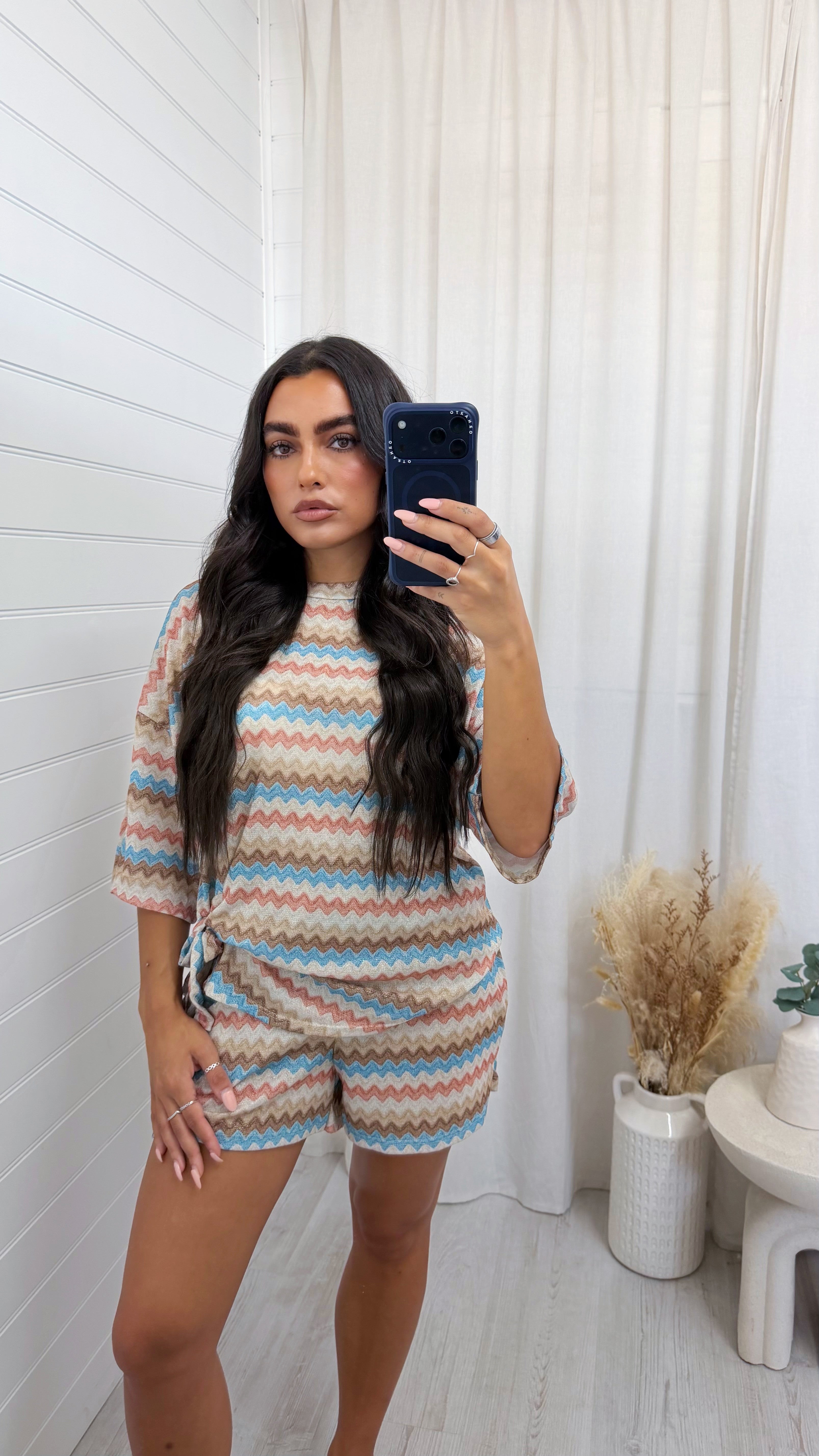 Zig Zag Tie Front T-Shirt and Shorts Co-Ord - SKY BLUE/BEIGE