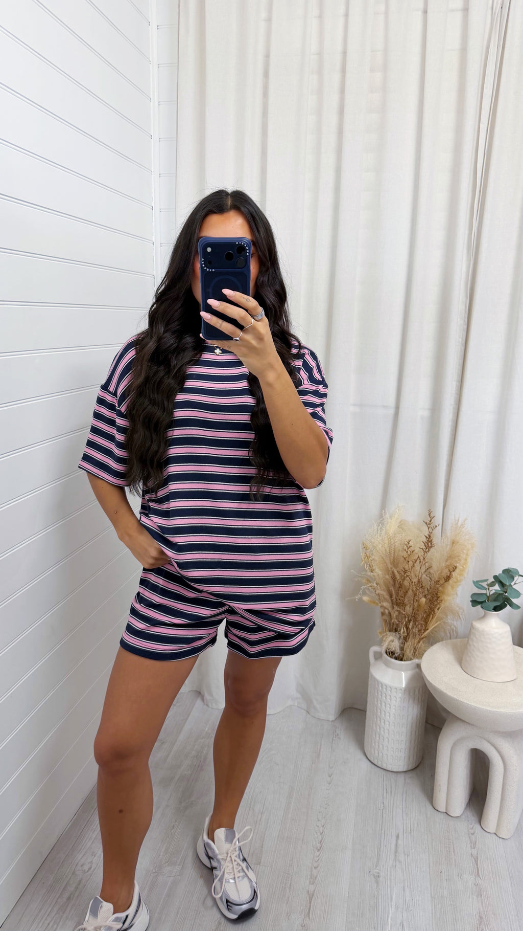 Oversized Stripe T-Shirt and Shorts Co-Ord - NAVY