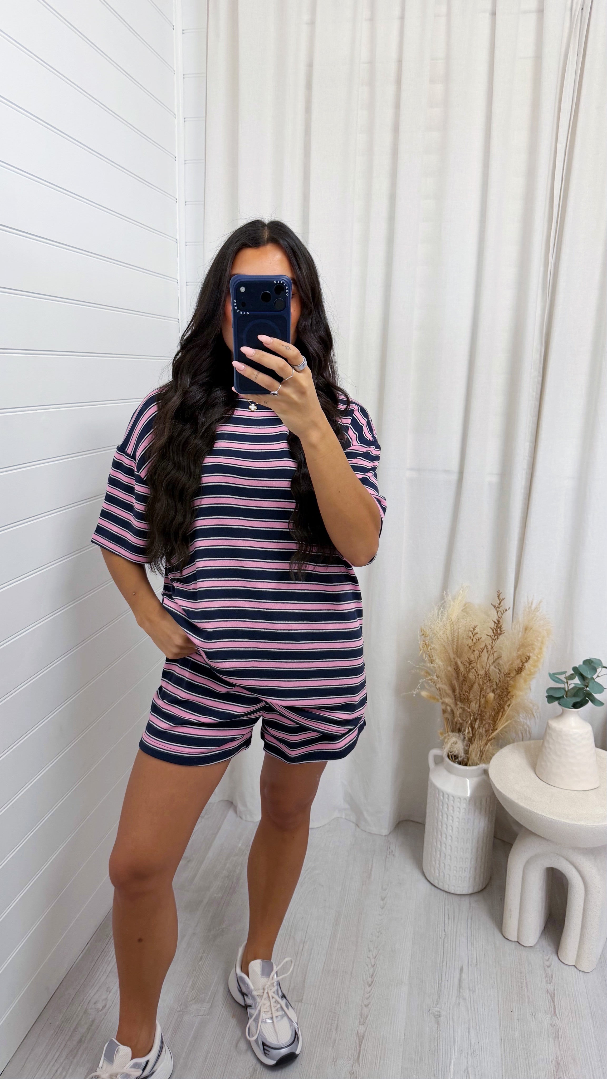 Oversized Stripe T-Shirt and Shorts Co-Ord - NAVY