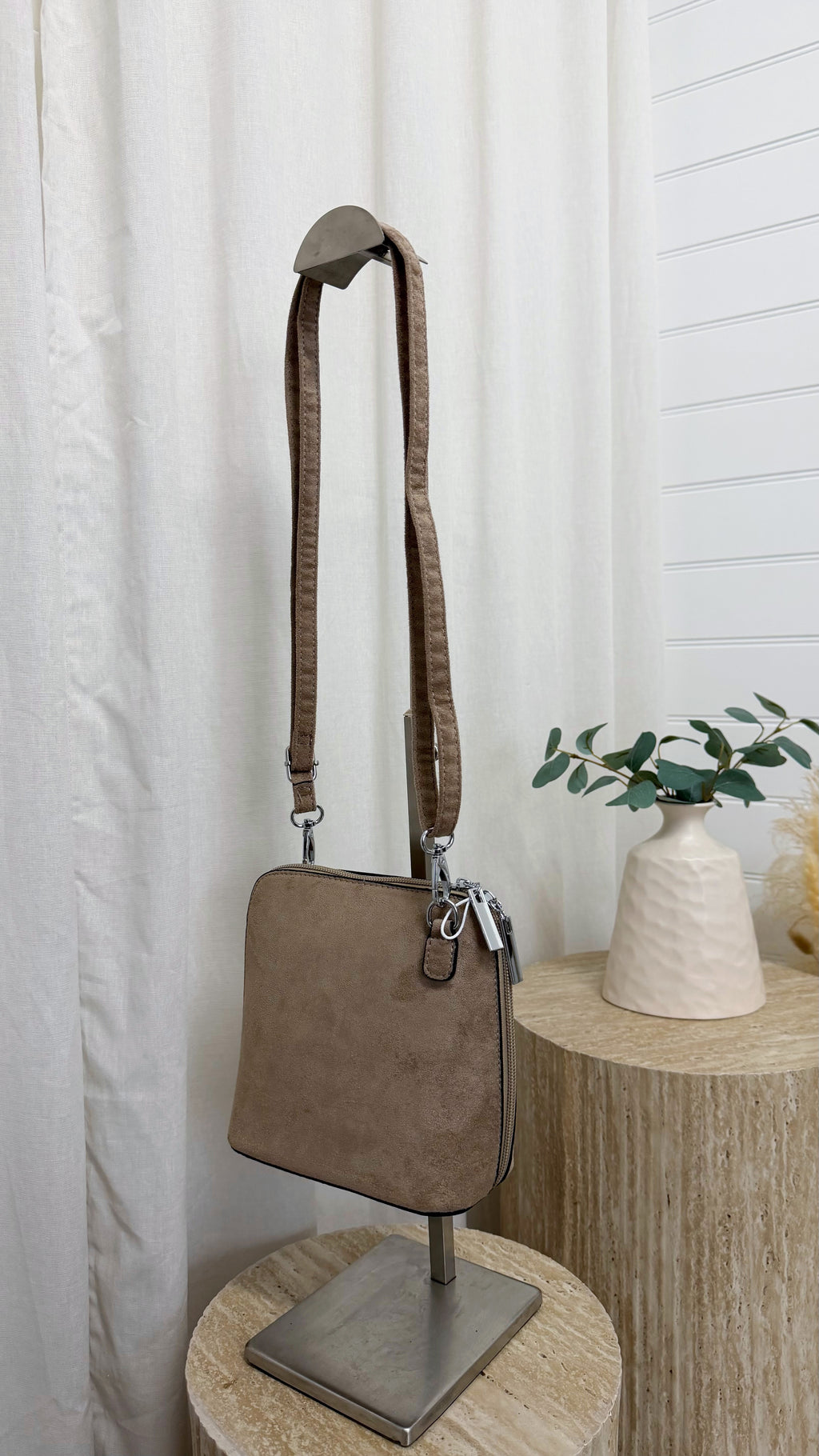Suede Double Zip Cross Body Bag - BIEGE