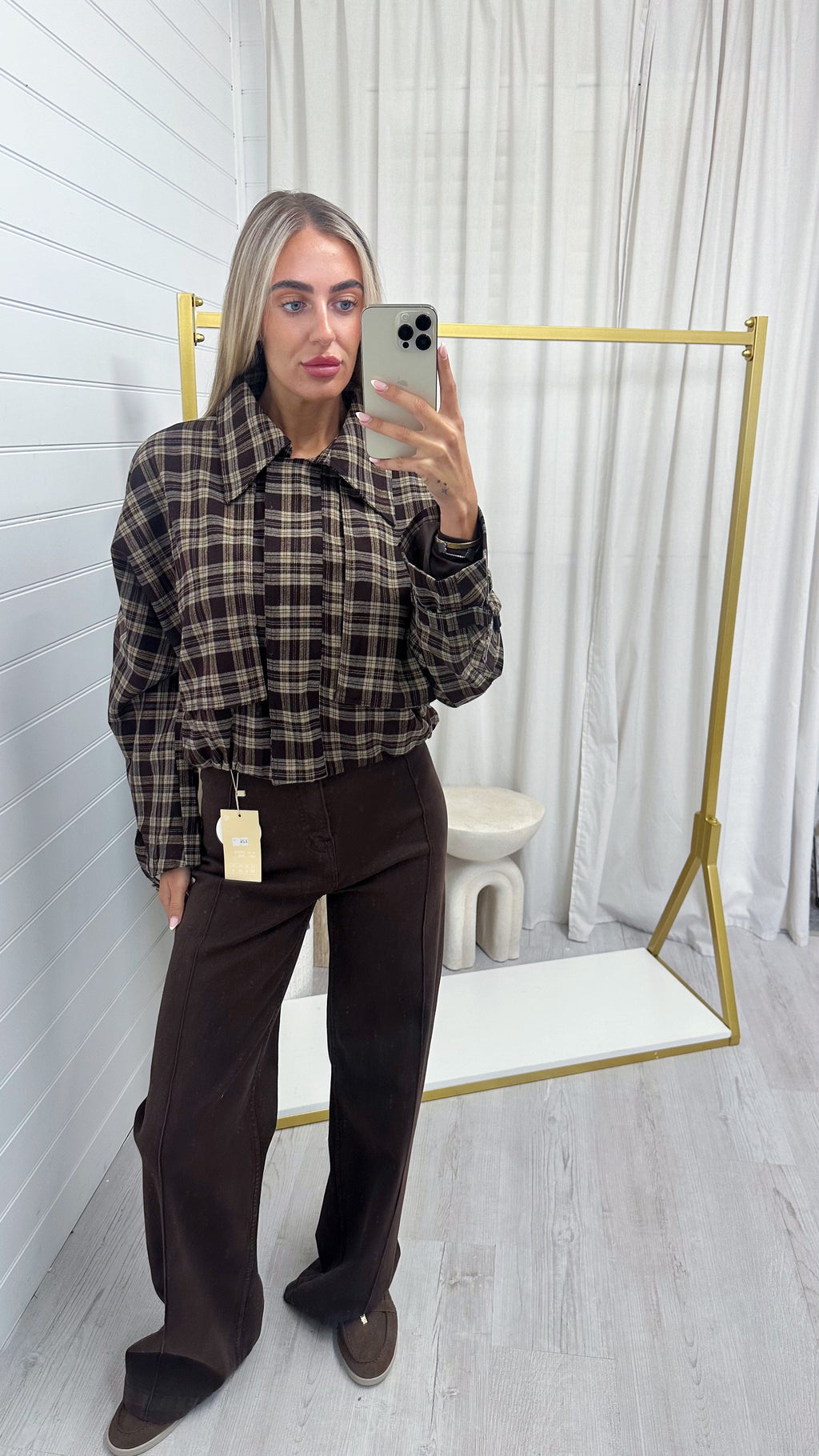 Checked Cropped Jacket - BROWN
