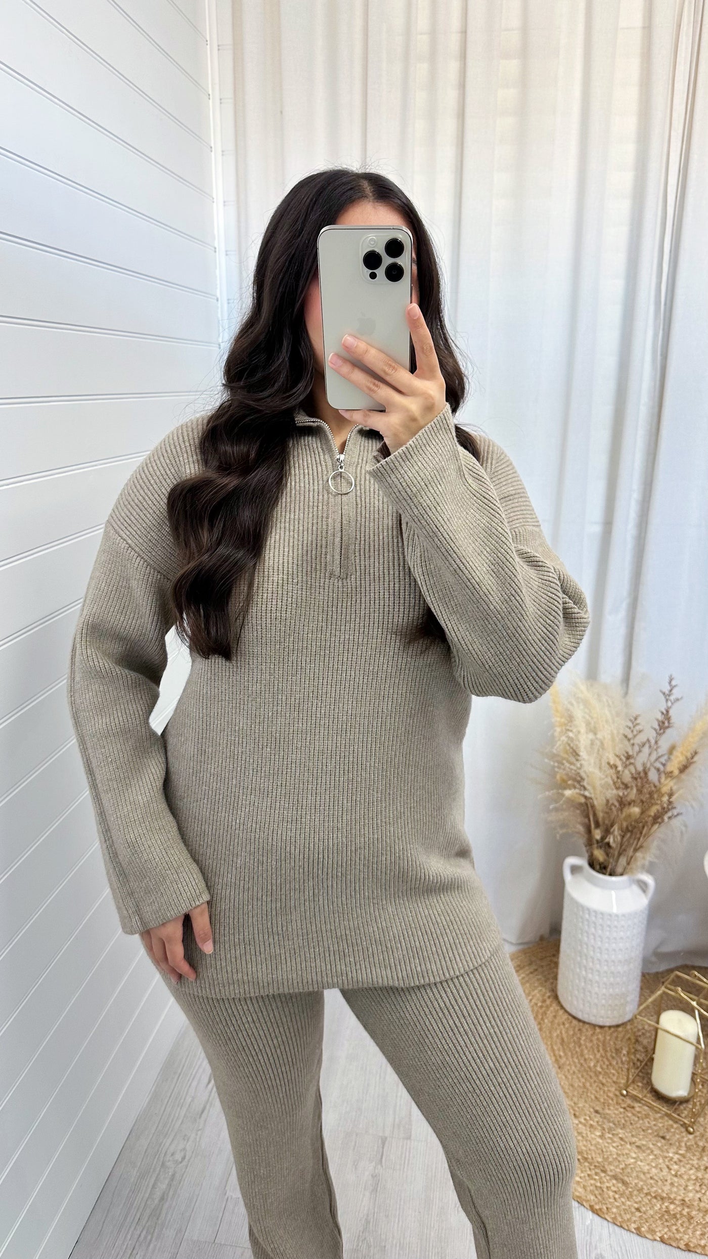 Chunky Knitted Quarter Zip Top and Trousers Co-Ord - MOCHA