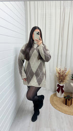 Argyle Woollen Jumper Dress - MOCHA/BEIGE