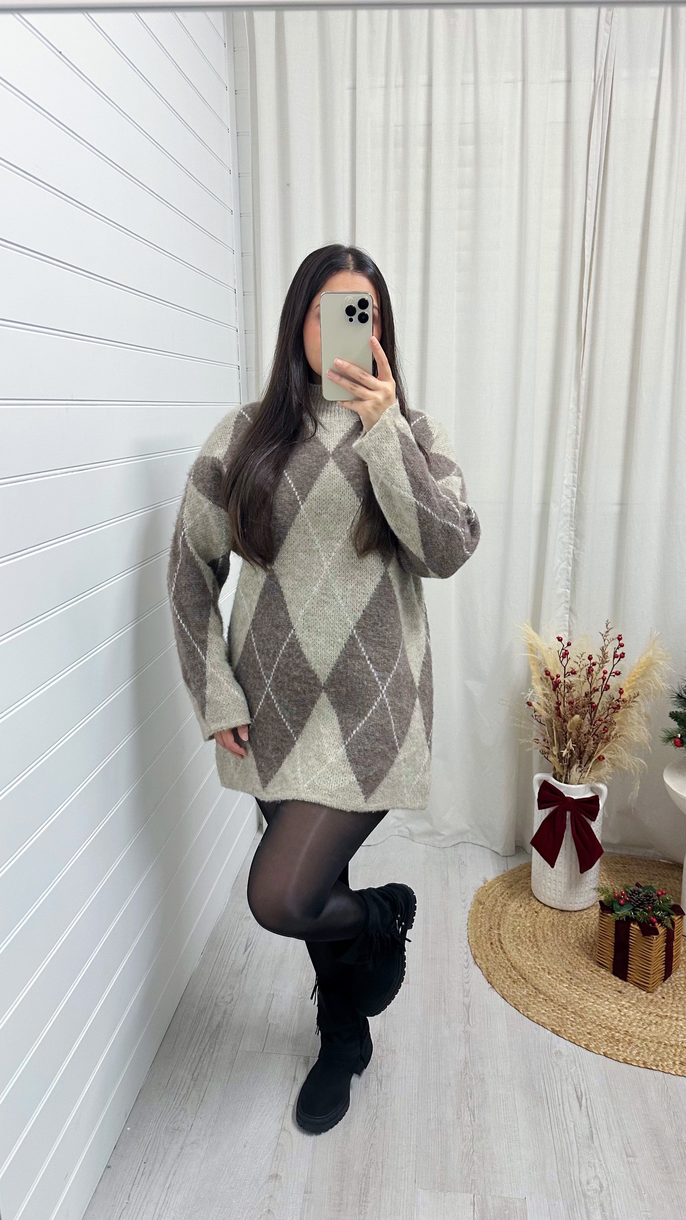 Argyle Woollen Jumper Dress - MOCHA/BEIGE