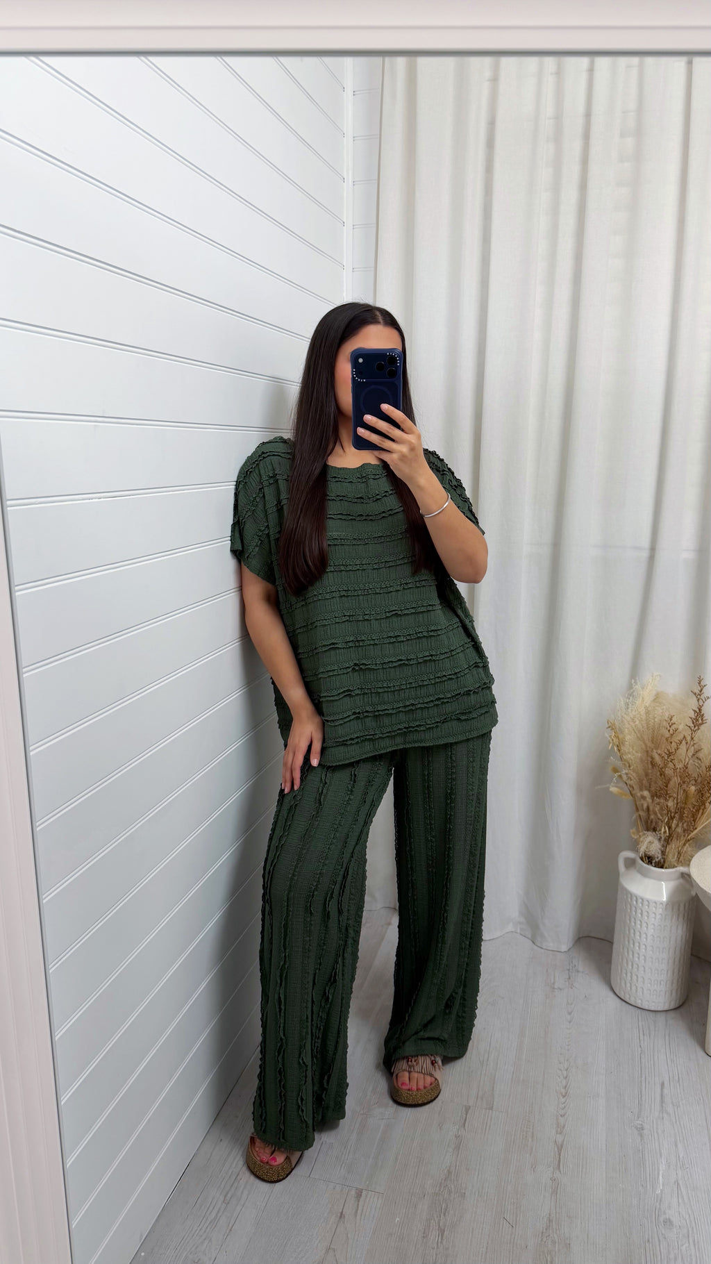 Frill Tiered T-Shirt and Wide Leg Trousers Co-Ord - KHAKI