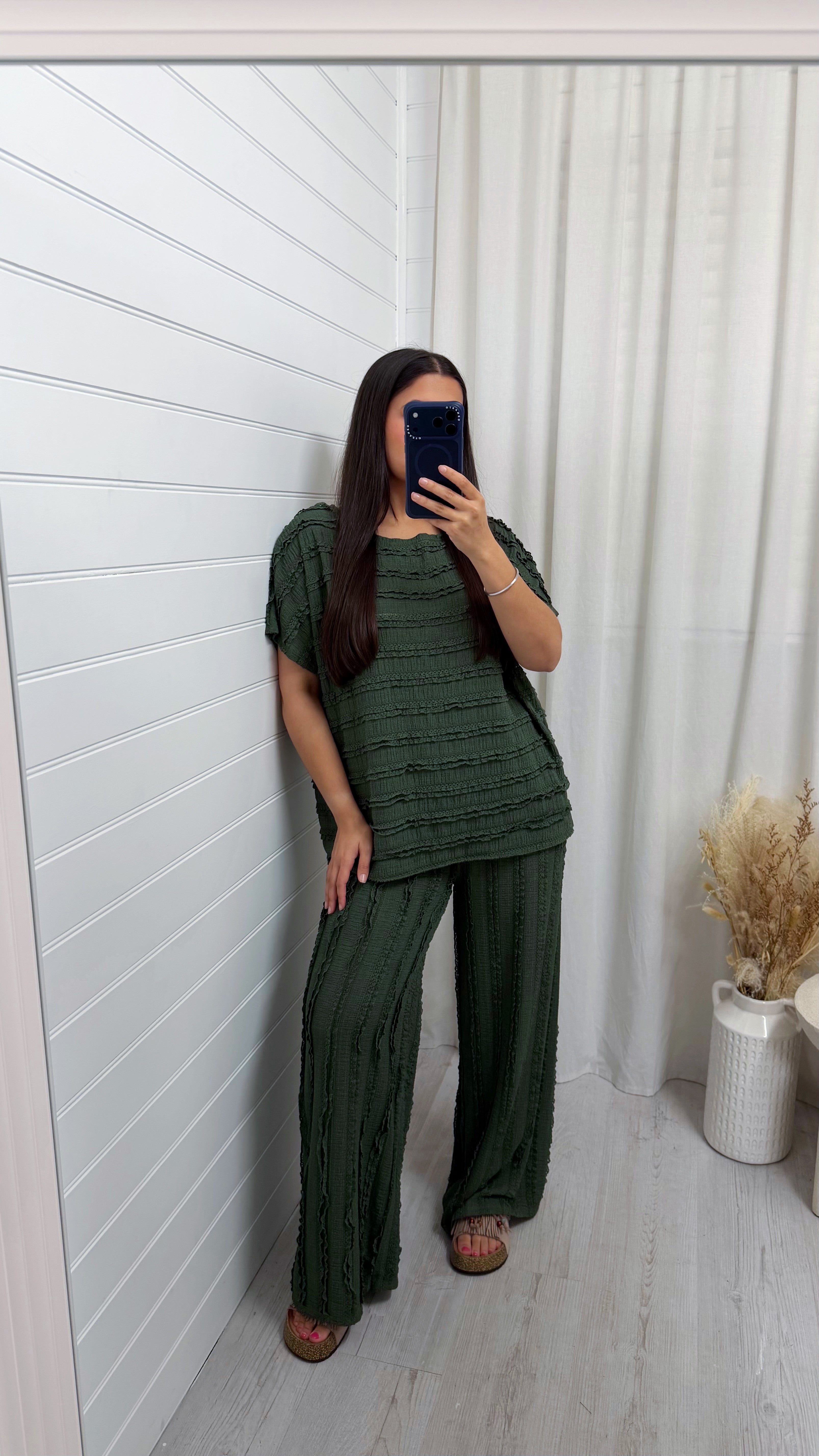 Frill Tiered T-Shirt and Wide Leg Trousers Co-Ord - KHAKI