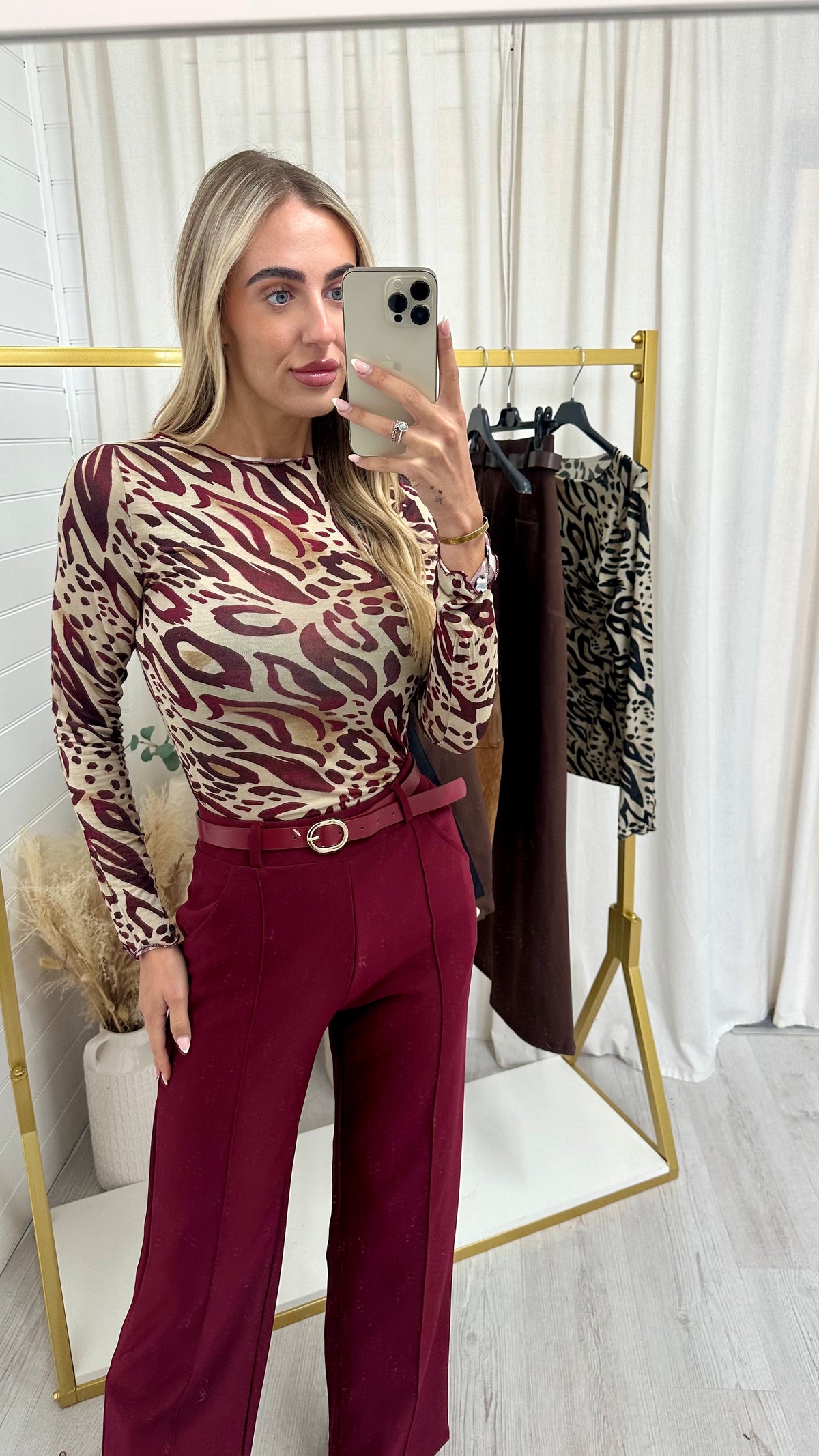 Seam Front Belted Straight Leg Trousers - WINE