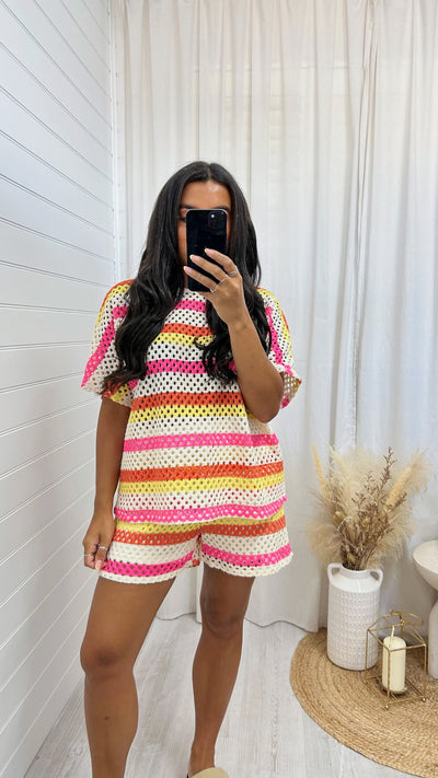 Mesh Striped T-Shirt and Shorts Co-Ord - PINK/ORANGE