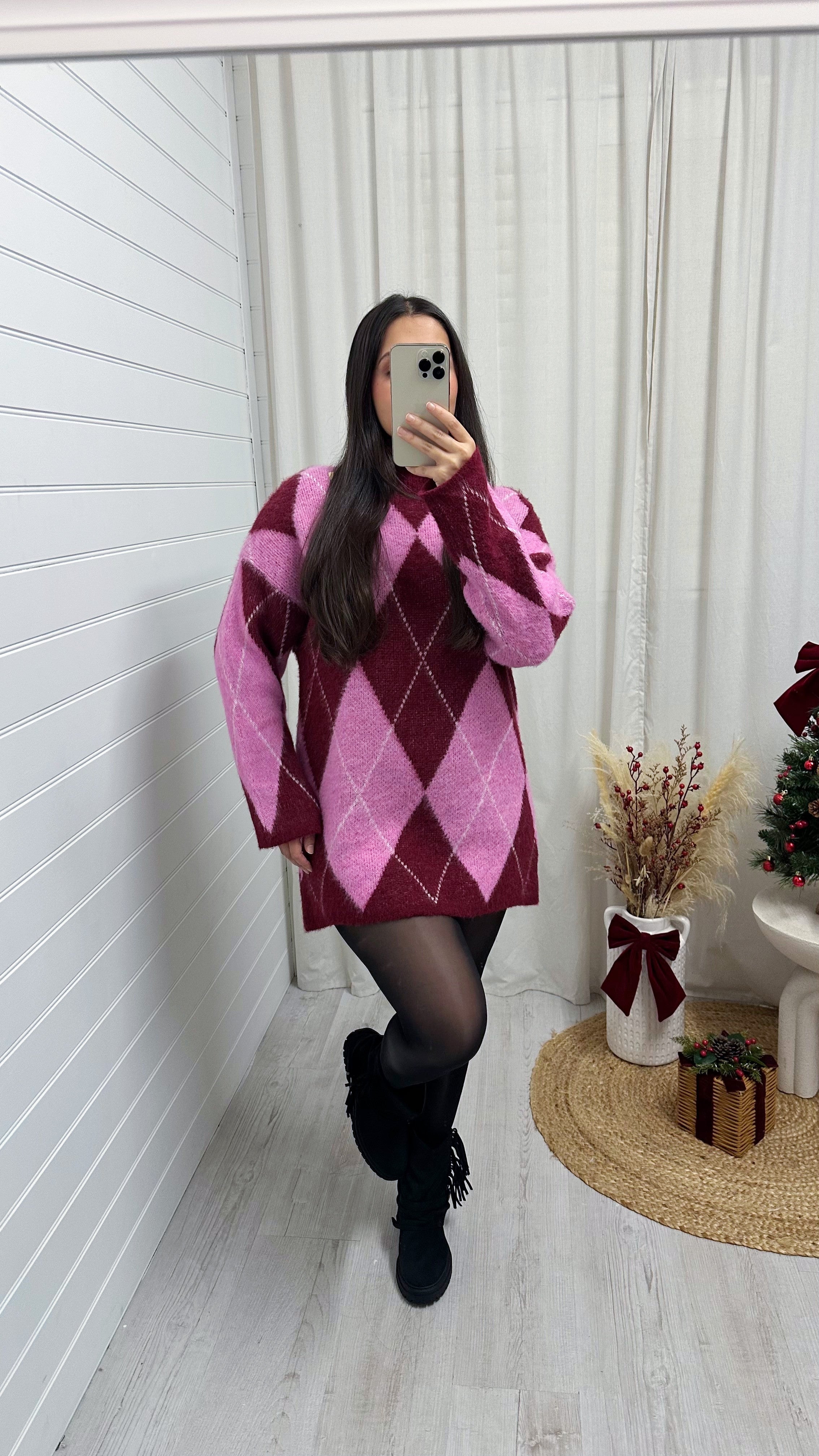 Argyle Woollen Jumper Dress - PINK/BURGUNDY