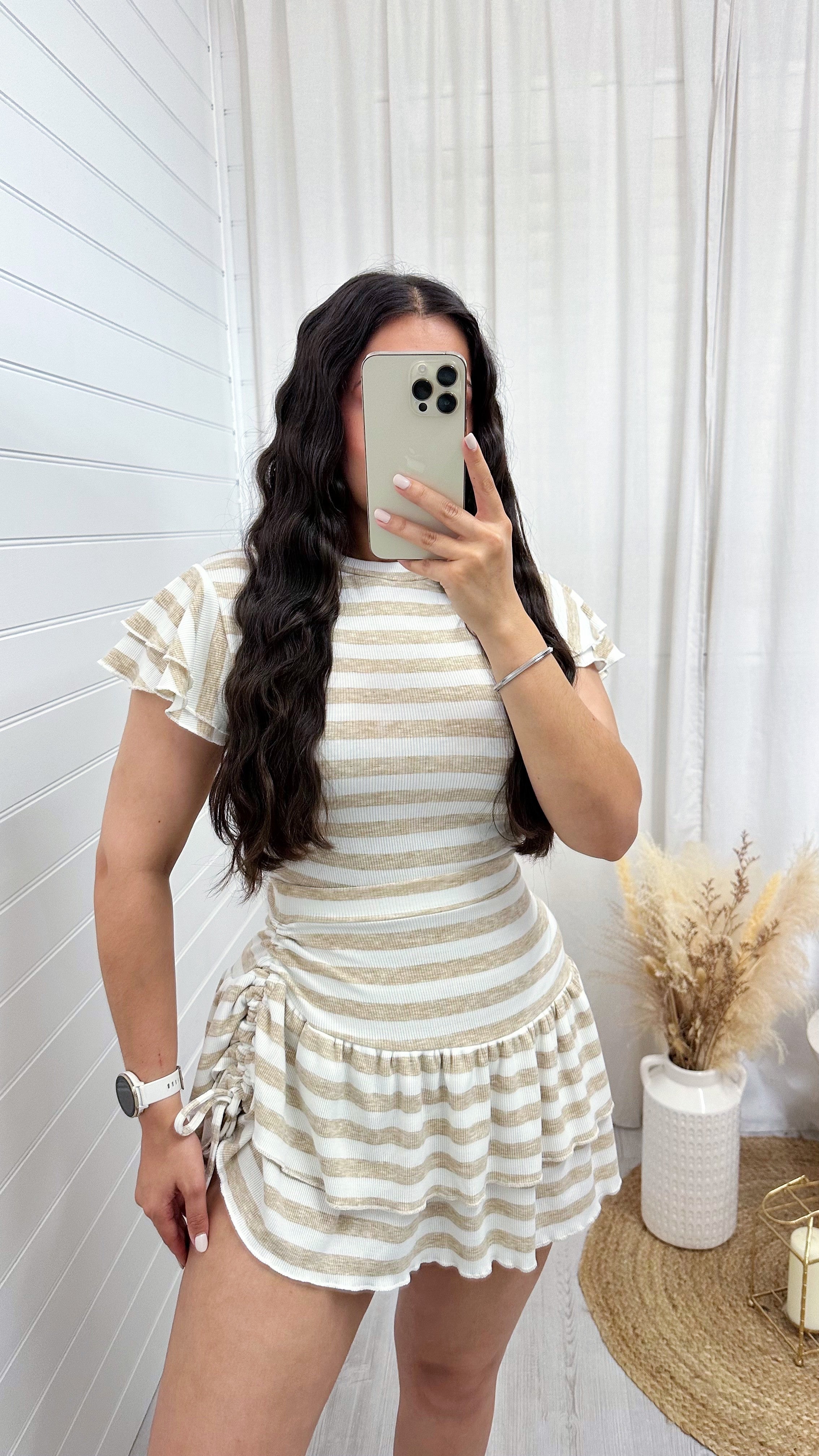 Frill Sleeve Top and Frill Ruched Skirt Co-Ord - BEIGE/WHITE