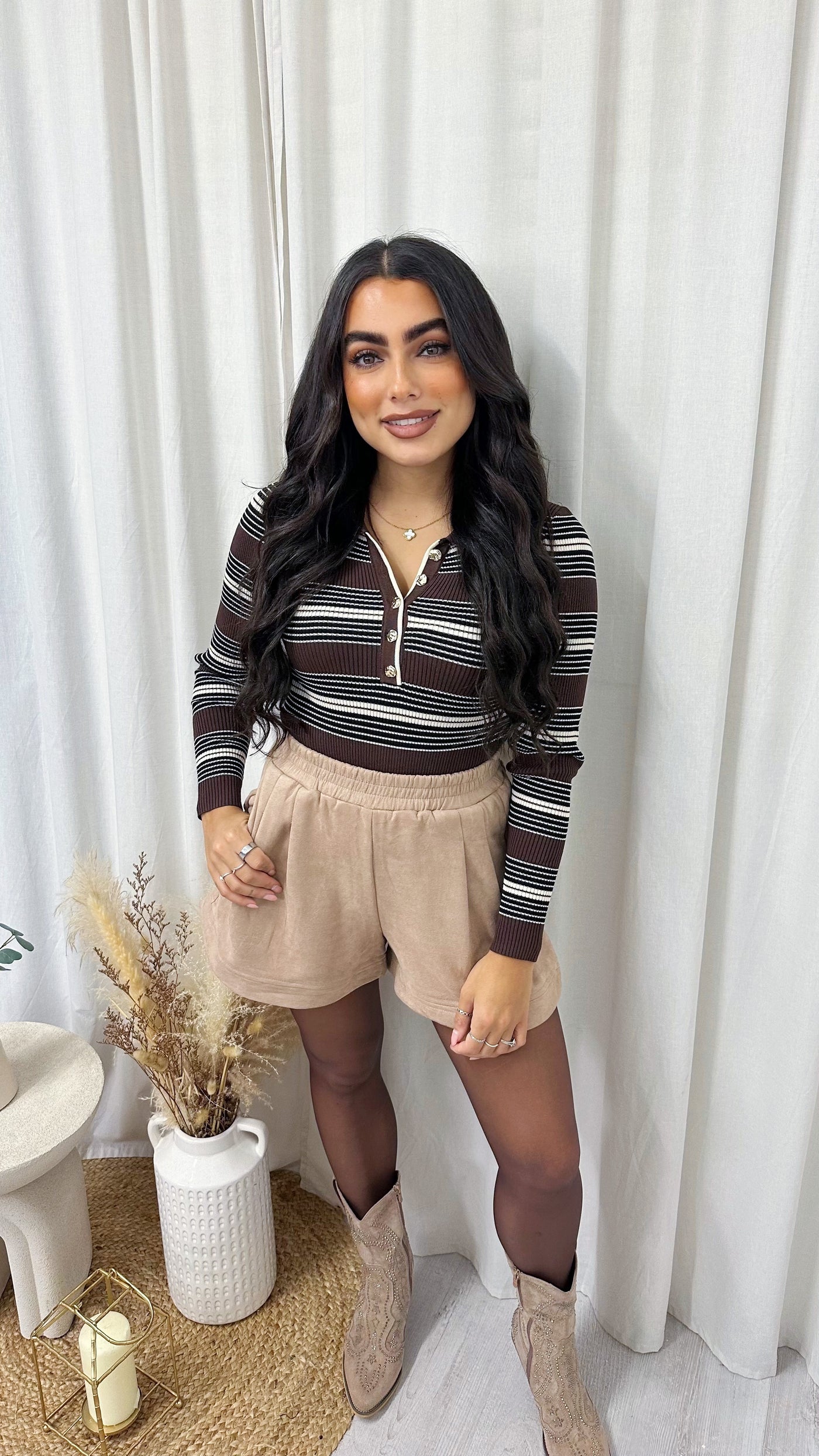 Constrast Stripe Knitted Bodysuit - BROWN