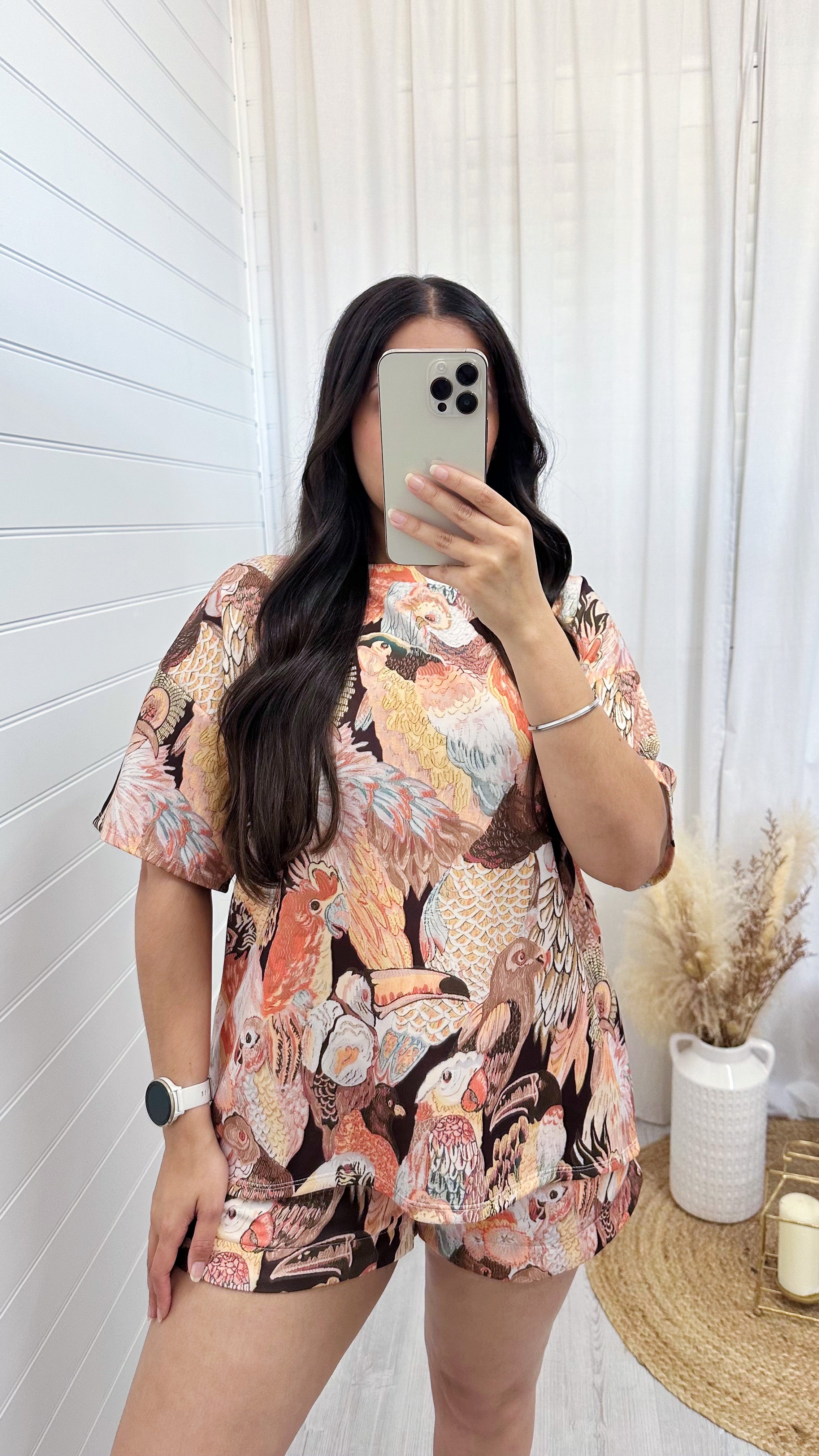 Bird Print T-Shirt and Shorts Co-Ord - BROWN