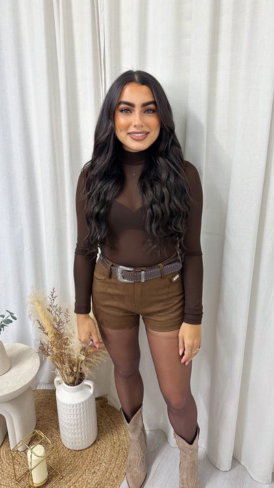 Western Belt High Waist Suede Shorts - BROWN