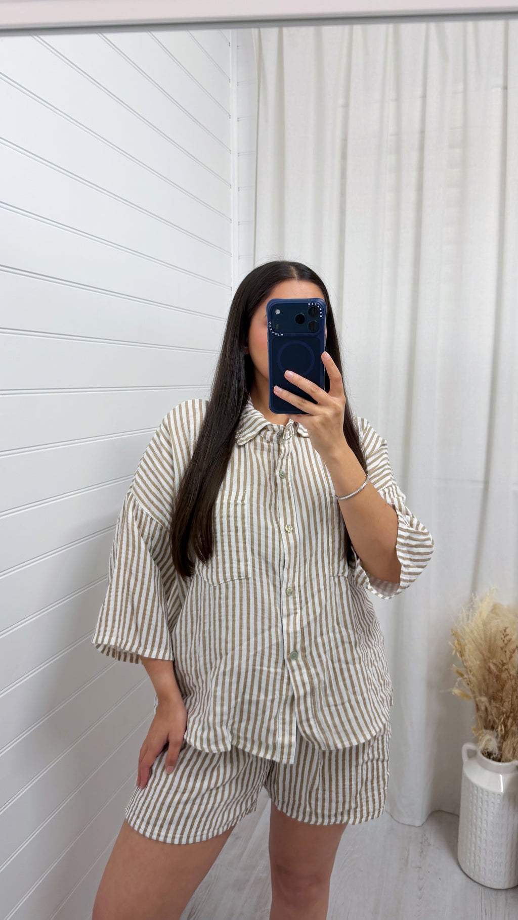 Cheesecloth Pinstripe Shirt and Shorts Co-Ord - BEIGE