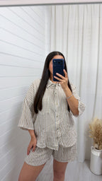 Cheesecloth Pinstripe Shirt and Shorts Co-Ord - BEIGE