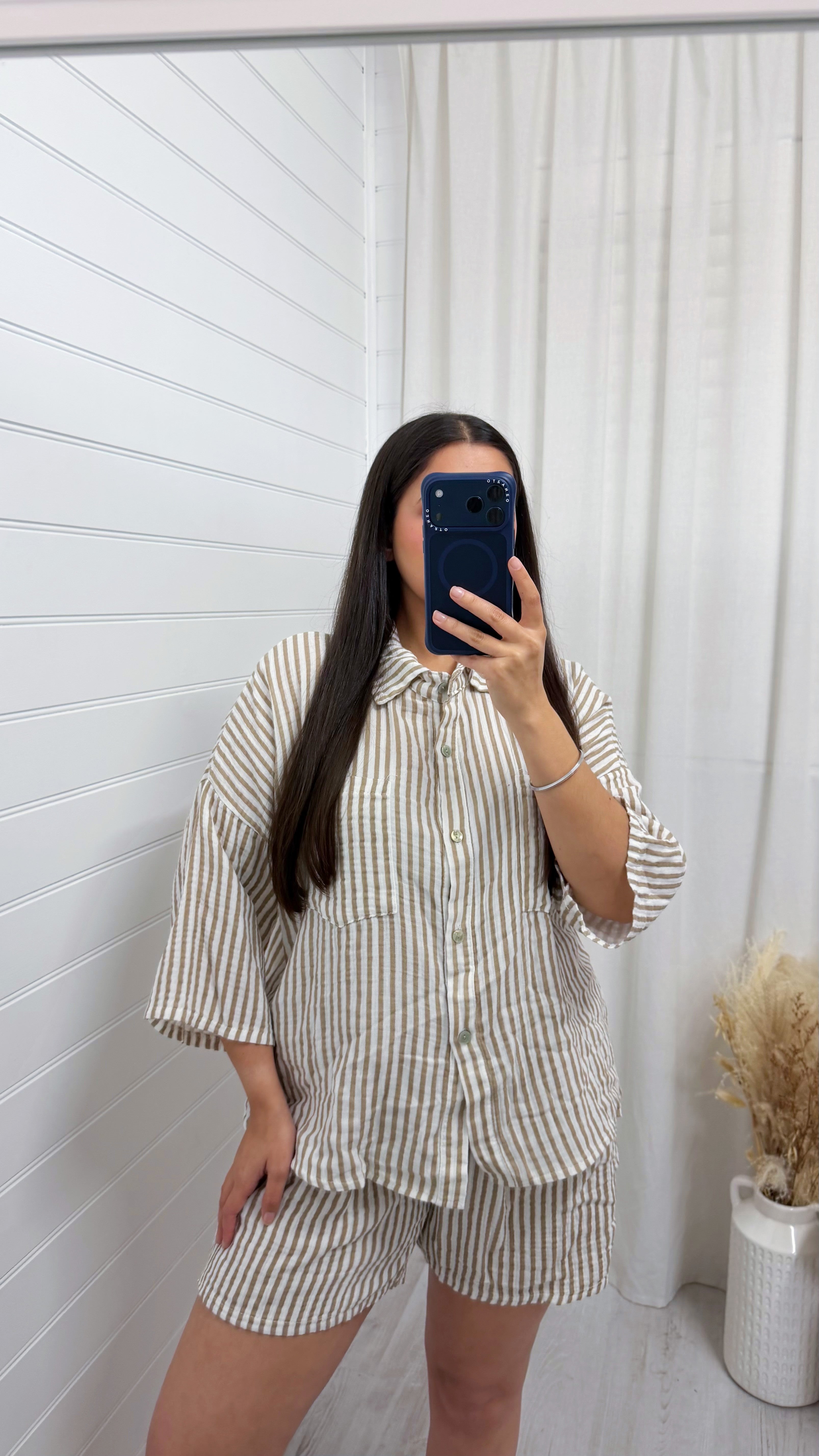 Cheesecloth Pinstripe Shirt and Shorts Co-Ord - BEIGE