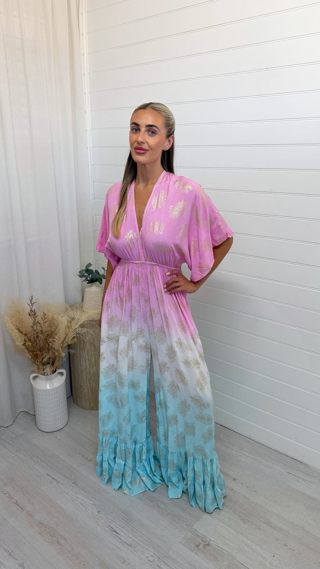 Leaf Print Ombre Bell Bottom Jumpsuit - BLUE/PINK