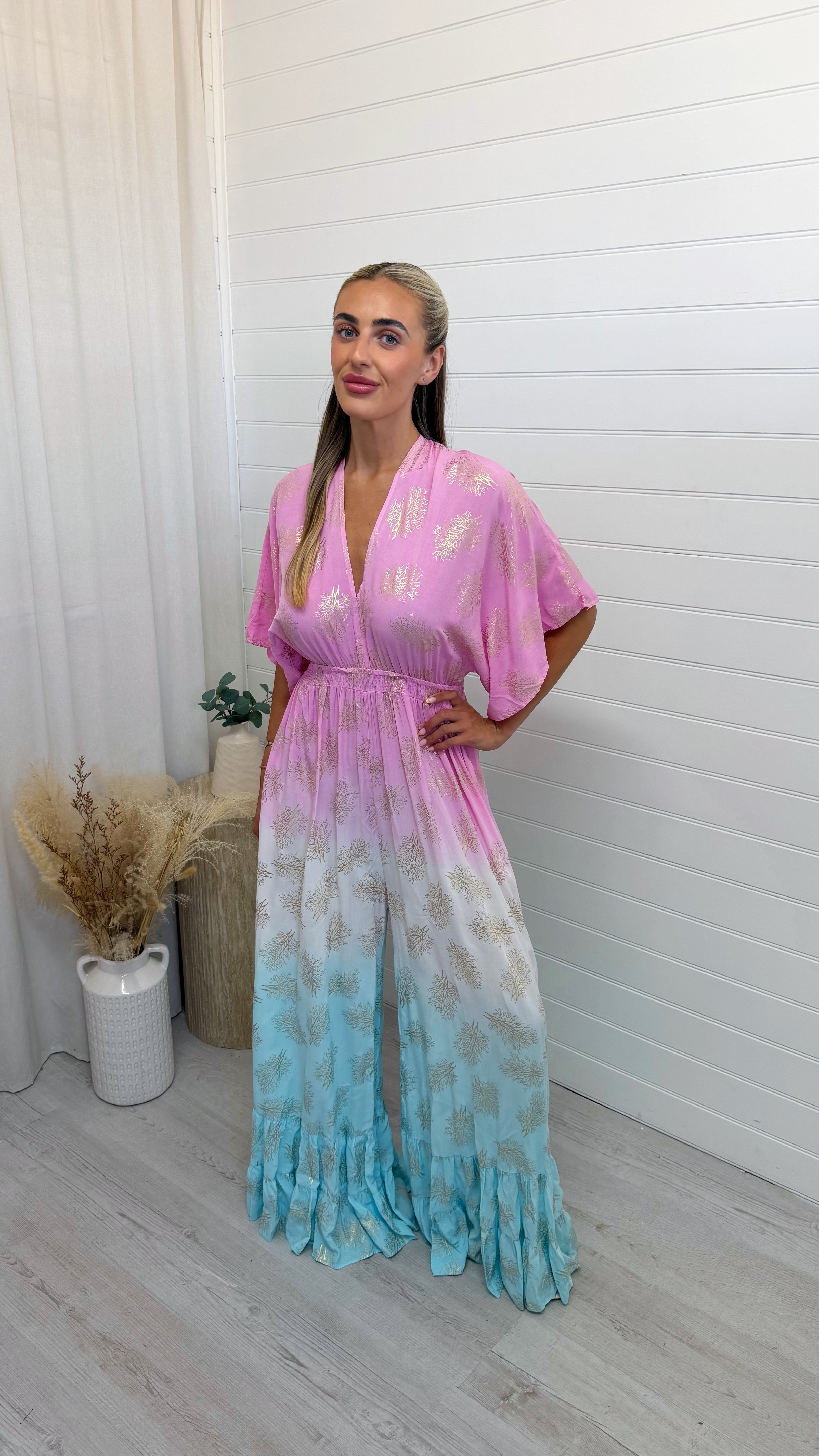 Leaf Print Ombre Bell Bottom Jumpsuit - BLUE/PINK