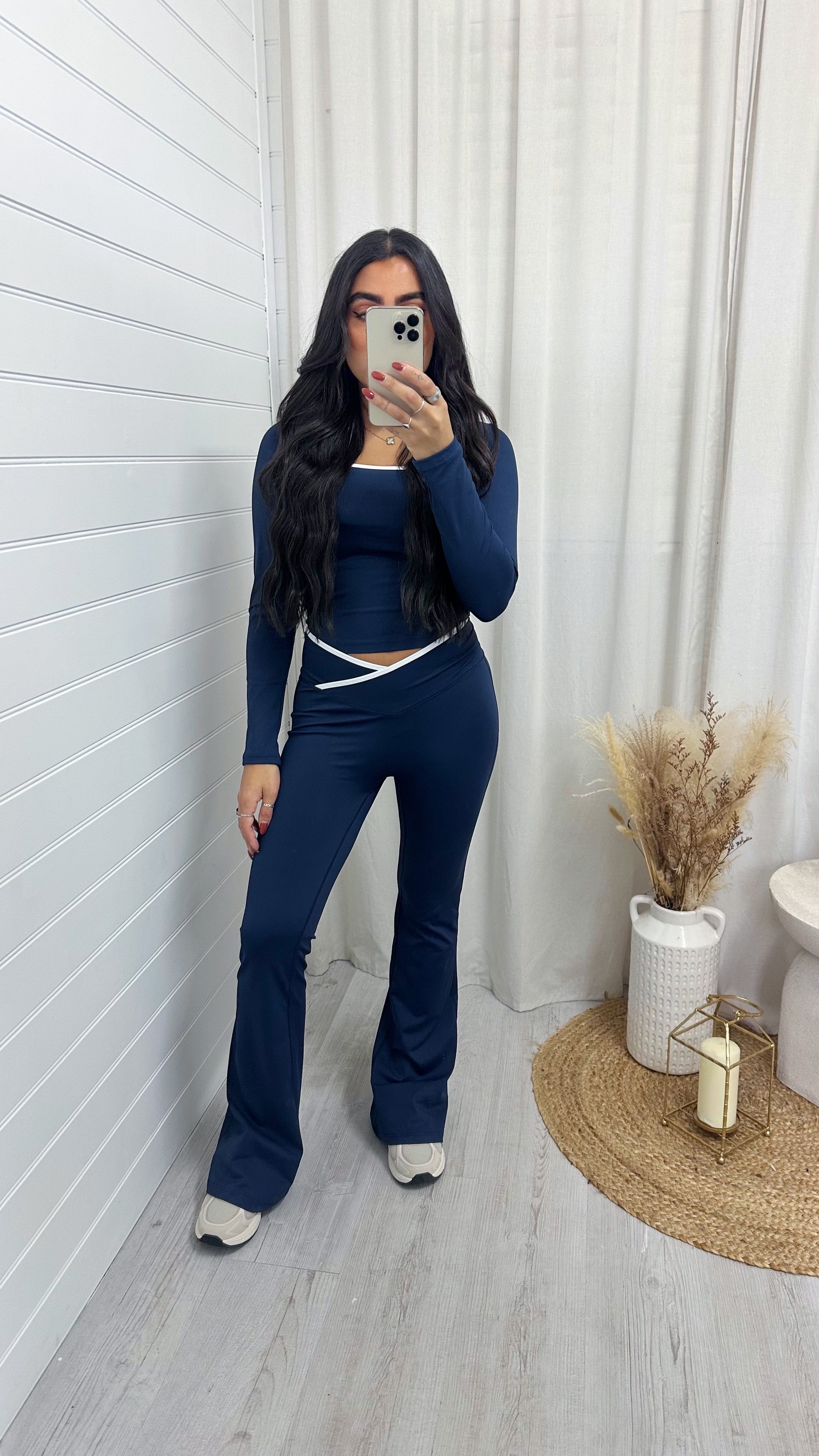 Long Sleeve Top and Wrap Over Flares Gym Set - NAVY