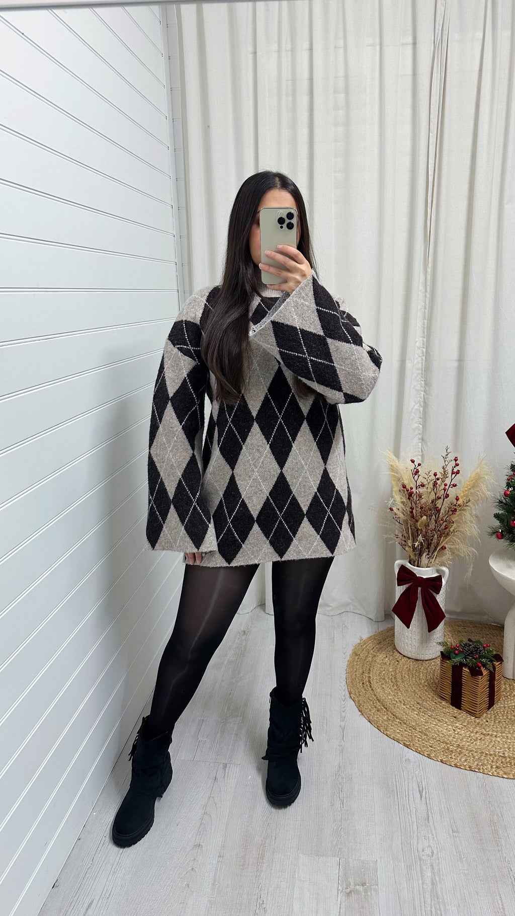 Argyle Woollen Jumper Dress - DARK BROWN/BEIGE