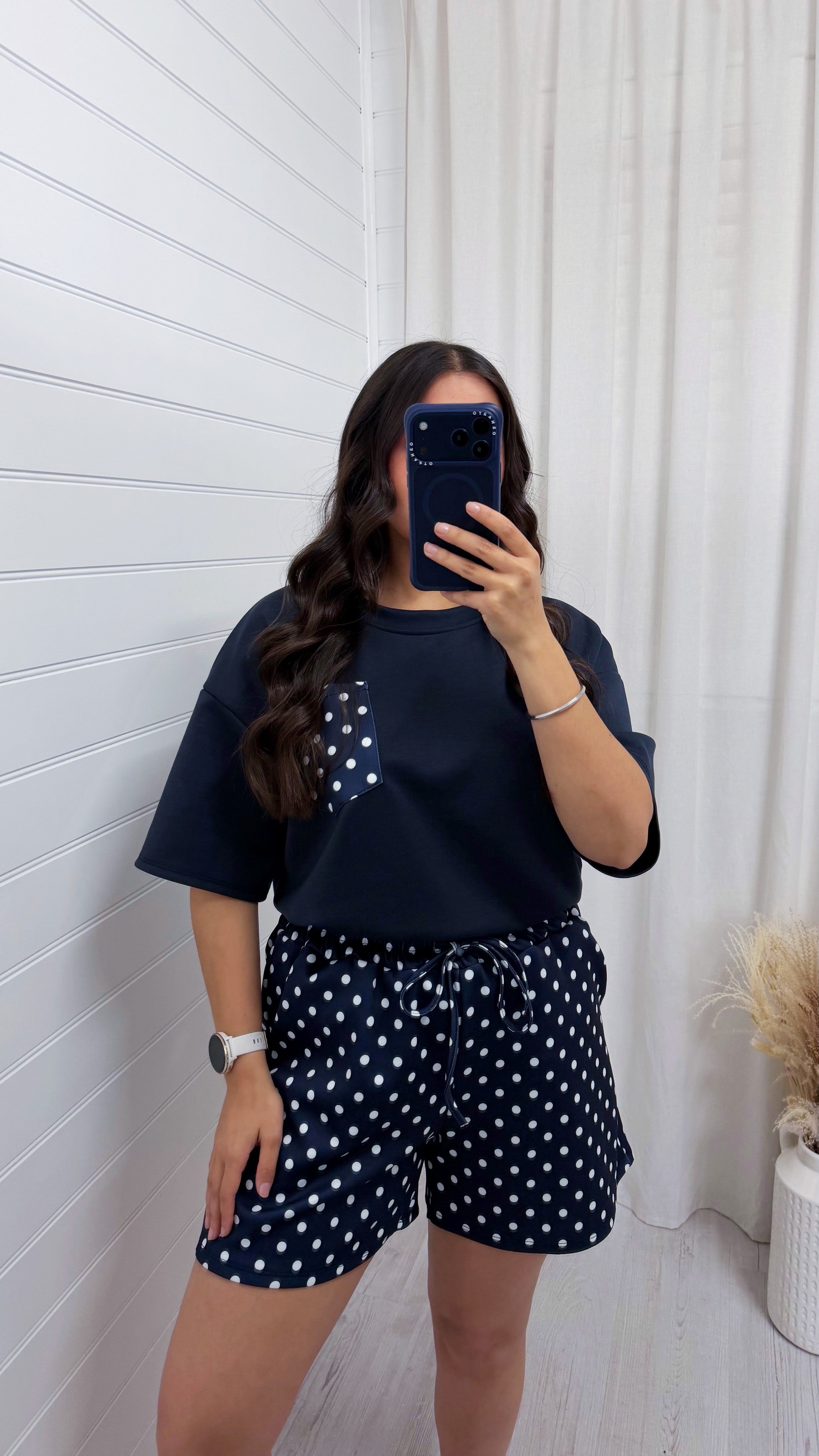 Polka Dot Baggy T-Shirt and Shorts Co-Ord - NAVY