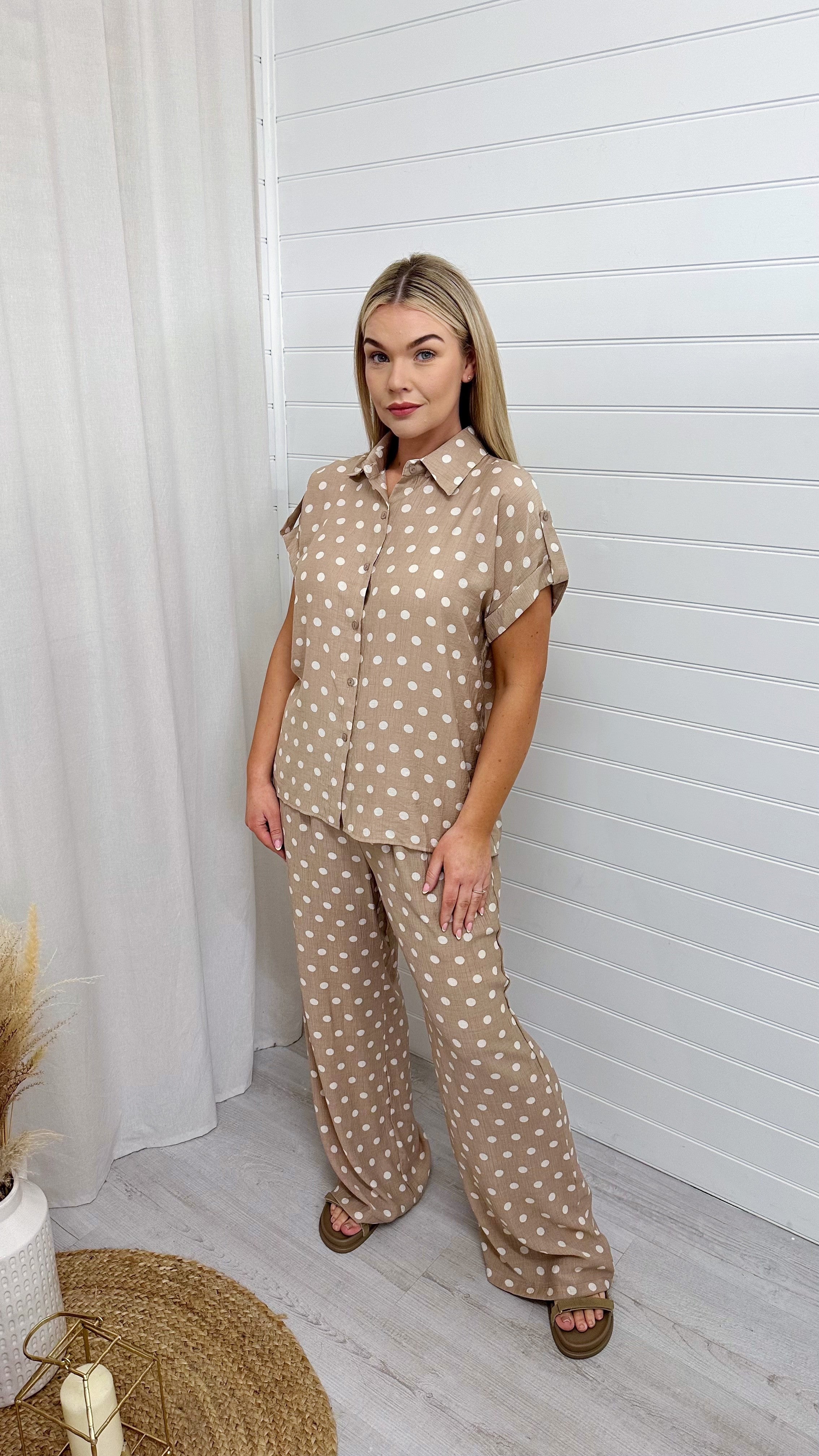 Polka Dot Shirt and Trousers Co-Ord - BEIGE/WHITE