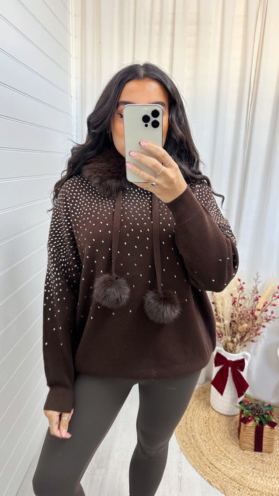 Diamante Fur Hood Knitted Jumper - BROWN