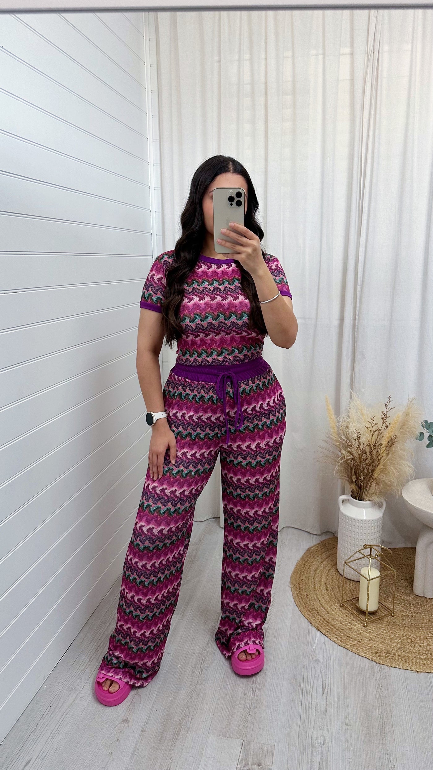 Wavy Crop Top and Straight Leg Trousers Co-Ord - PURPLE