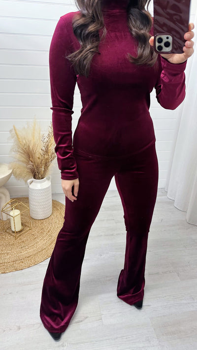 High Waisted Slim Fit Velvet Trousers - WINE