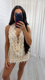 Cowl Neck Sequin Top and Skirt Set - IVORY