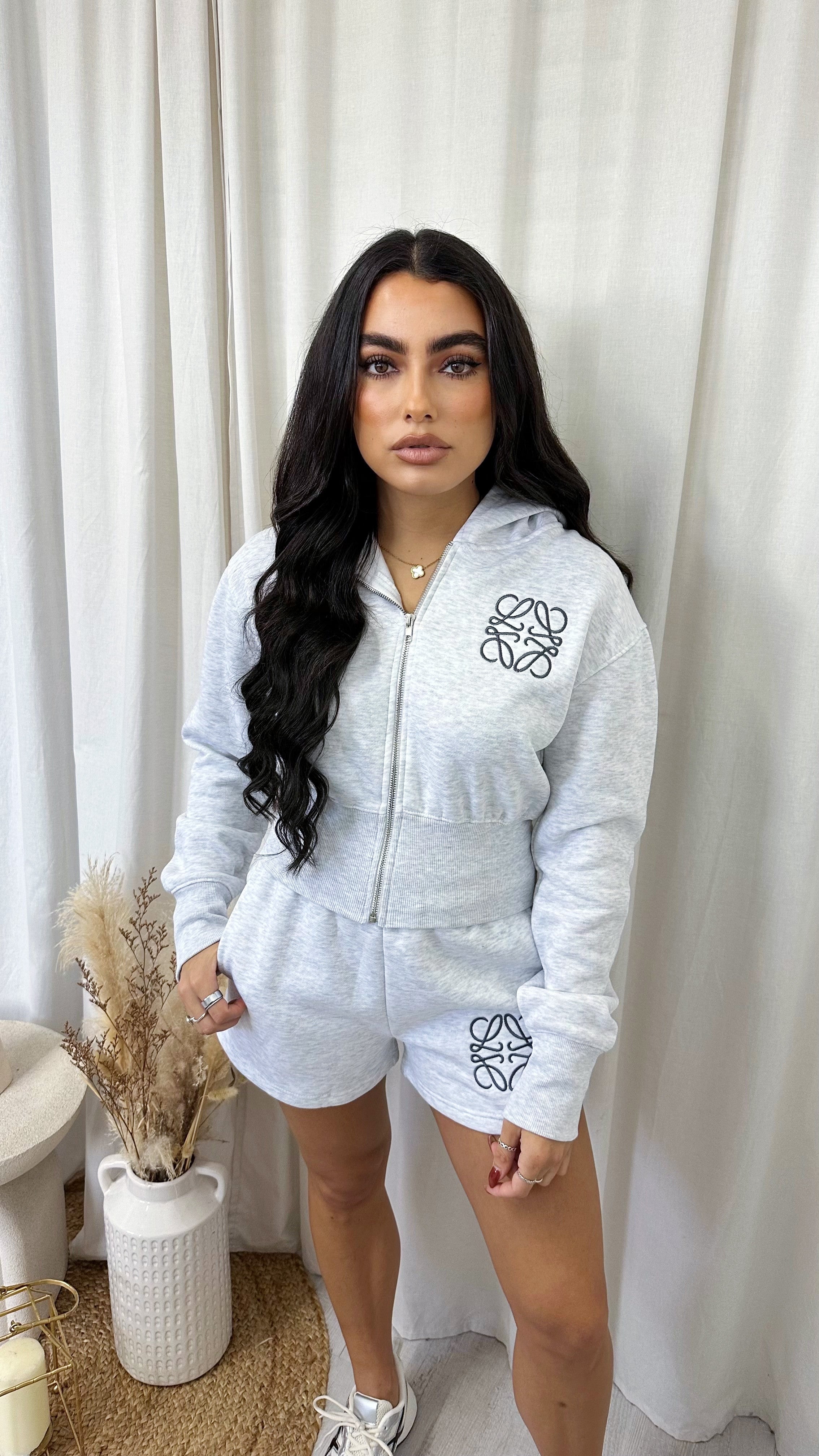 Swirl Monogram Crop Jacket and Shorts Co-Ord - GREY