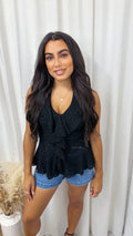 Ruffle Front Halter Neck Lace Top - BLACK