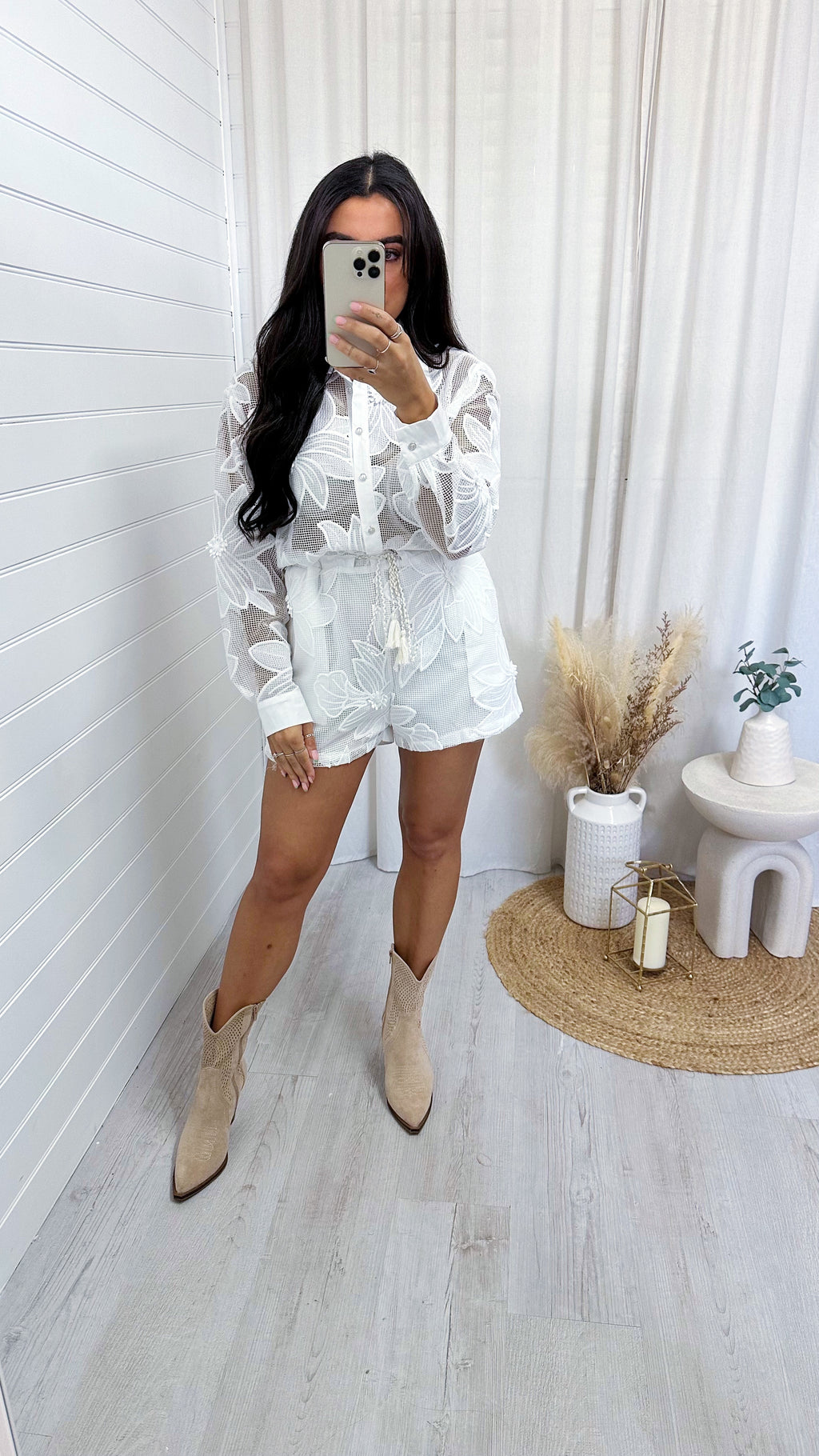 Floral Embroidered Mesh Playsuit - WHITE