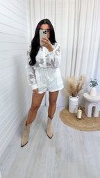 Floral Embroidered Mesh Playsuit - WHITE