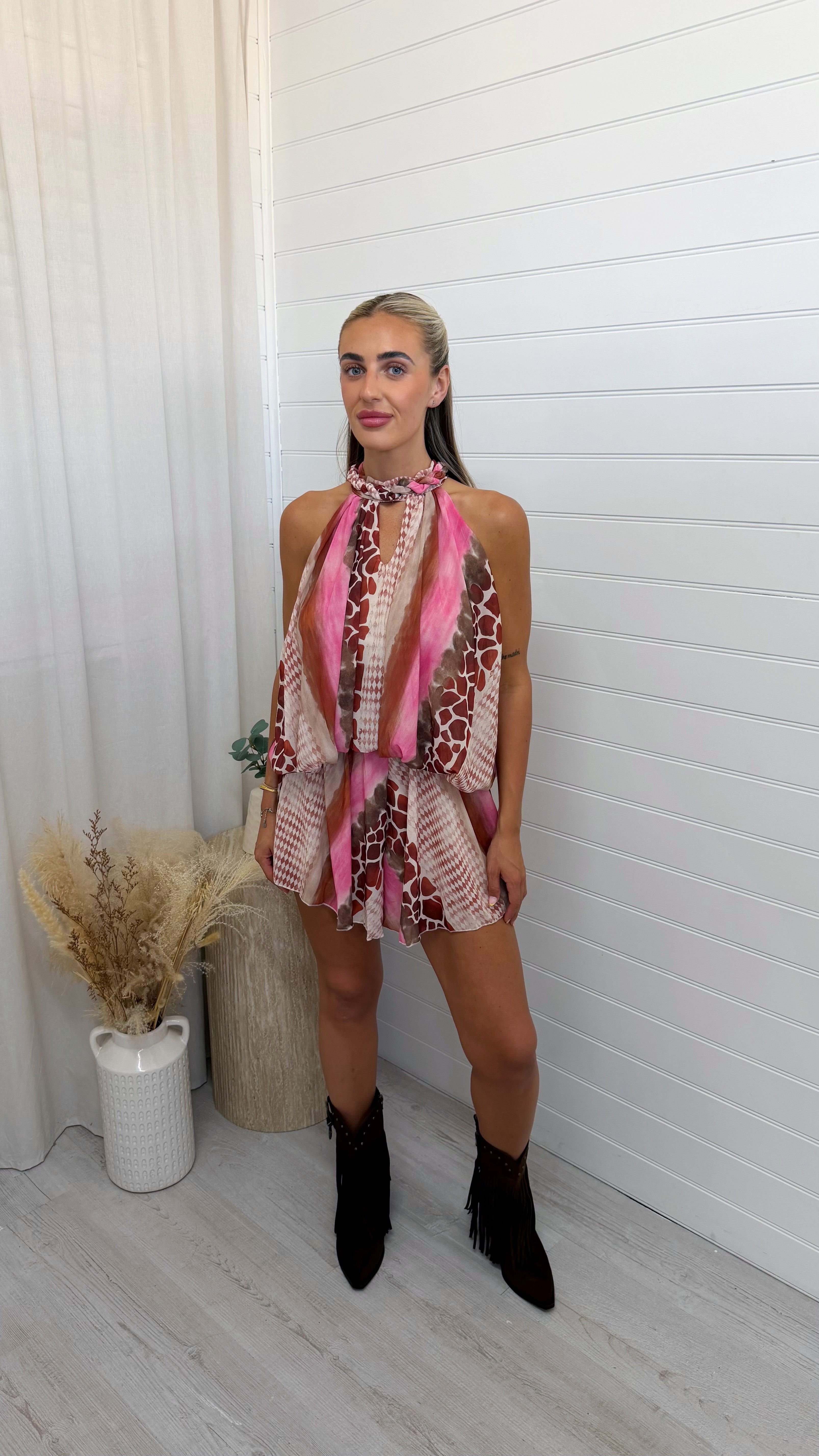 Rope Collar Reptile Print Playsuit - PINK