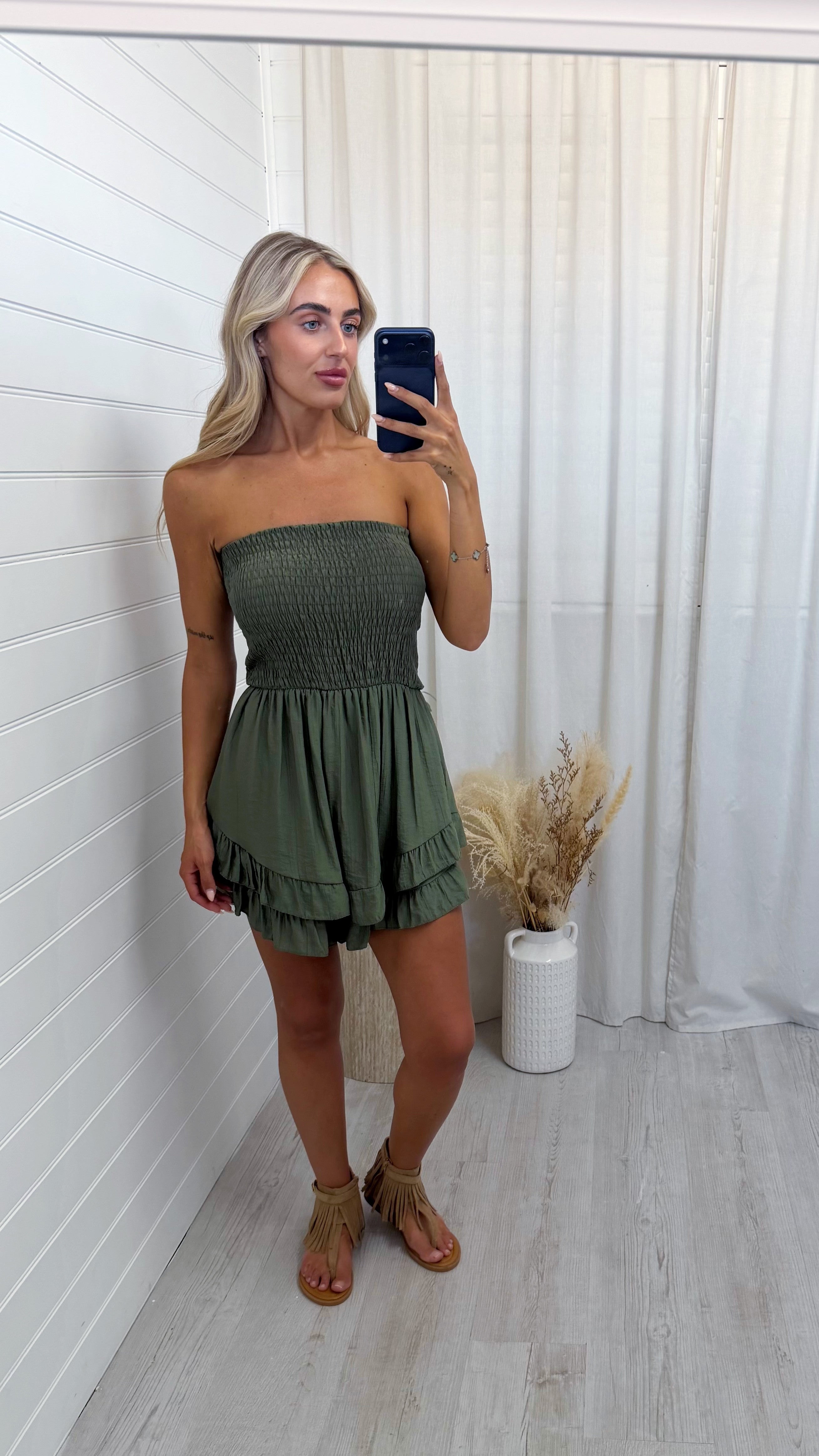 Shirred Bardot Frill Playsuit - KHAKI