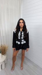 Floral Applique Shirt and Puffball Shorts Co-Ord - BLACK