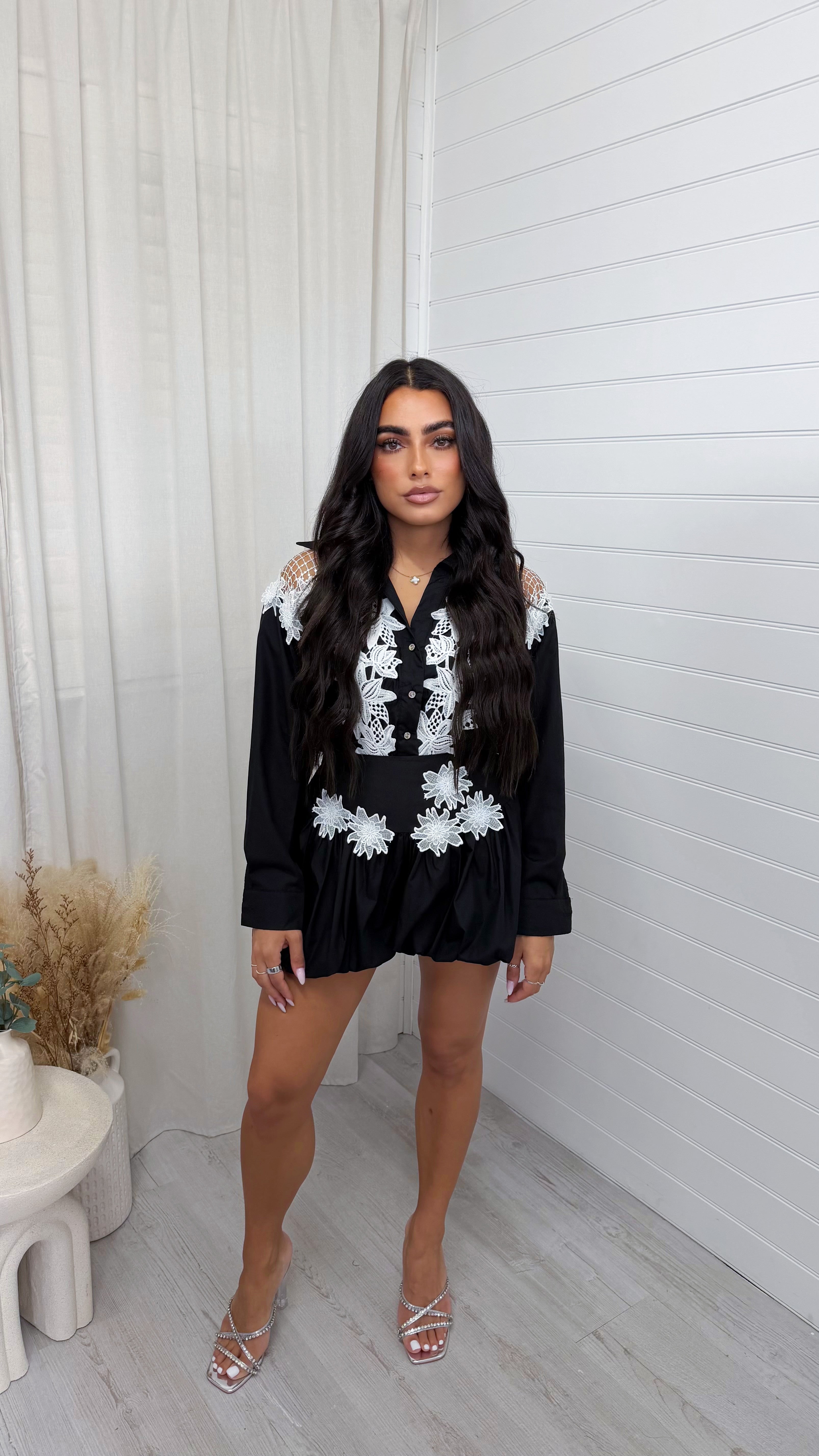 Floral Applique Shirt and Puffball Shorts Co-Ord - BLACK