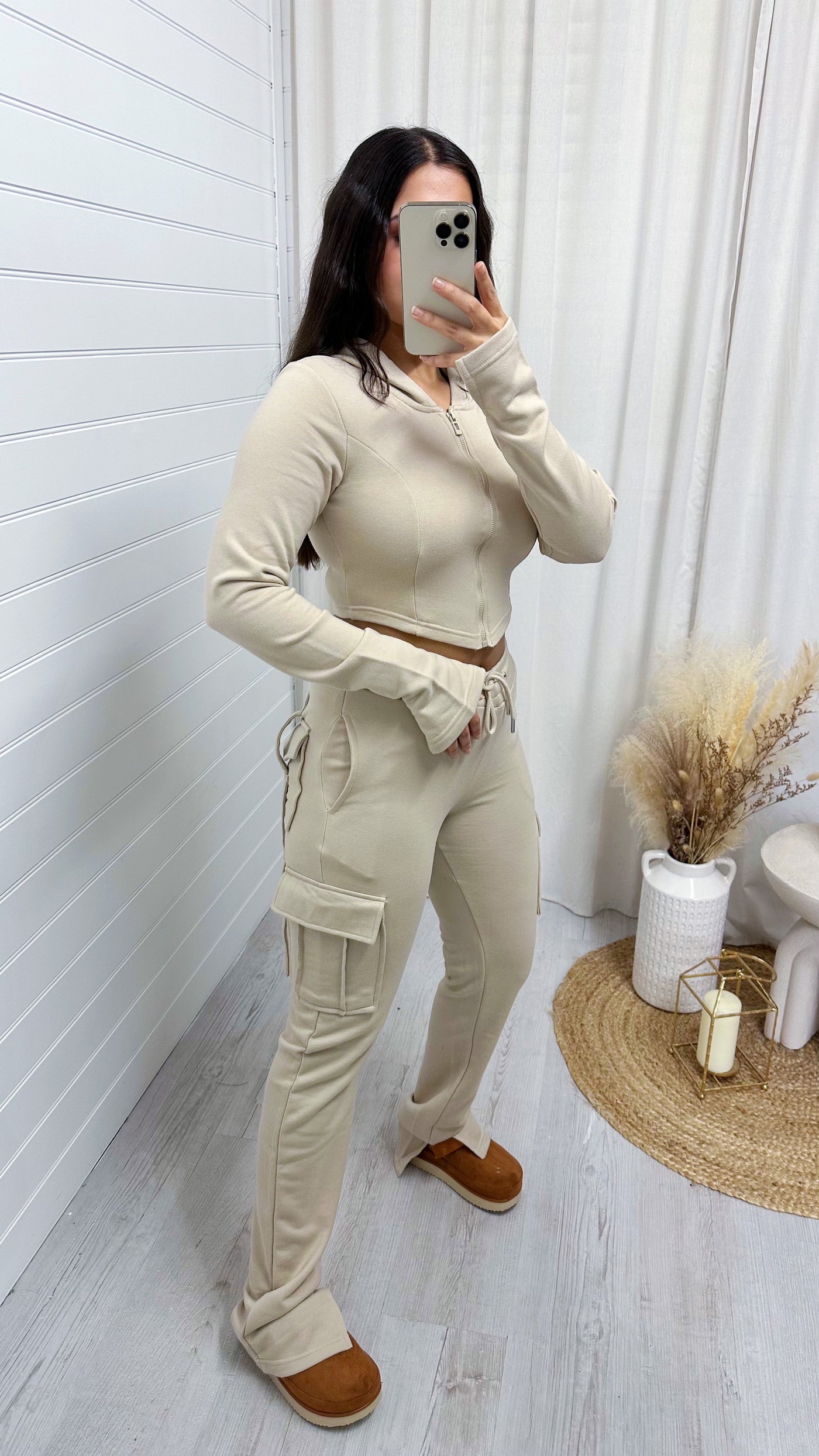 Cargo Cropped Jacket and Split Hem Joggers Tracksuit - LIGHT BEIGE