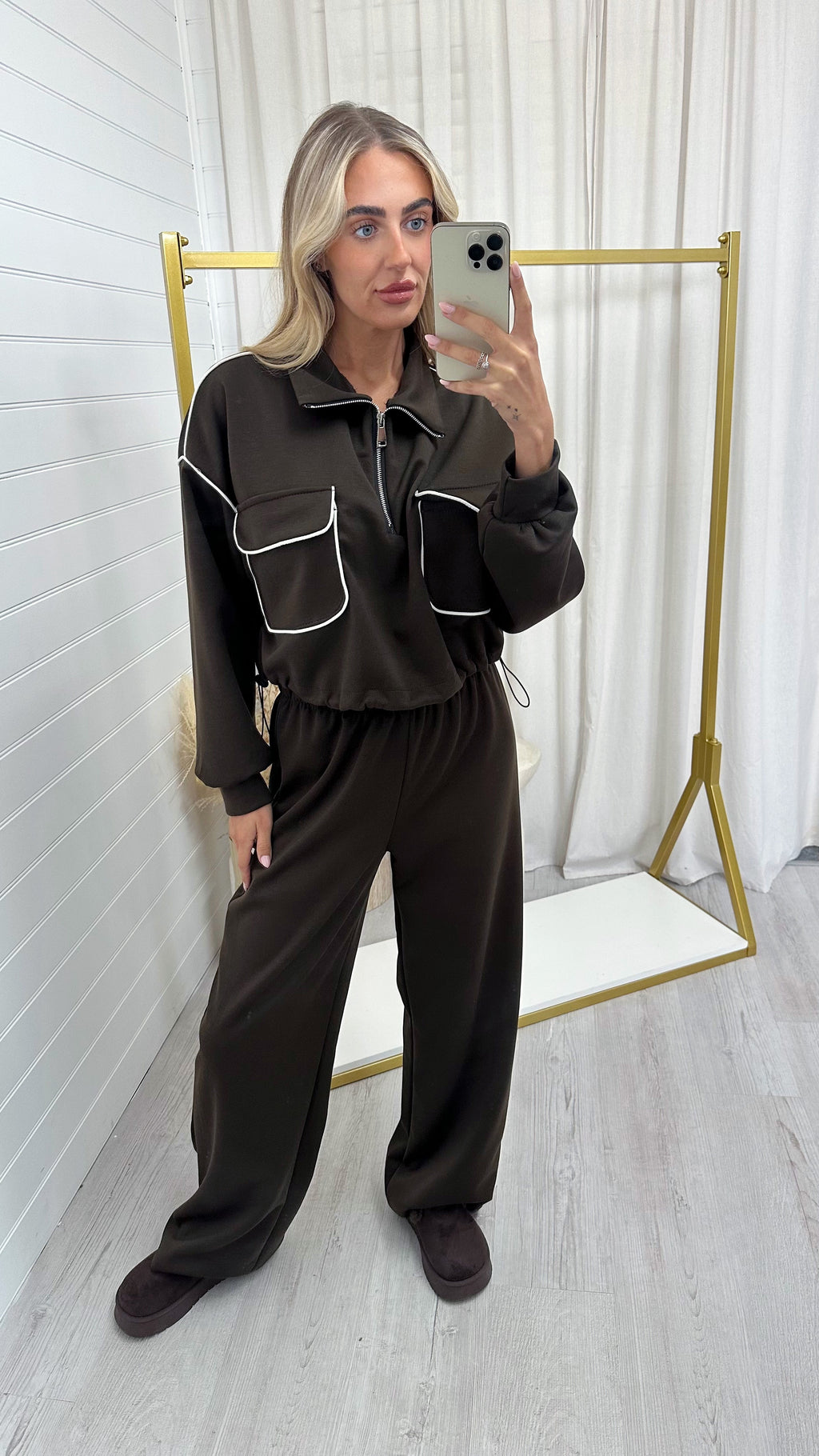 Contrast Piped Quarter Zip Sweatshirt and Joggers Co-Ord - BROWN