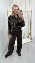 Contrast Piped Quarter Zip Sweatshirt and Joggers Co-Ord - BROWN