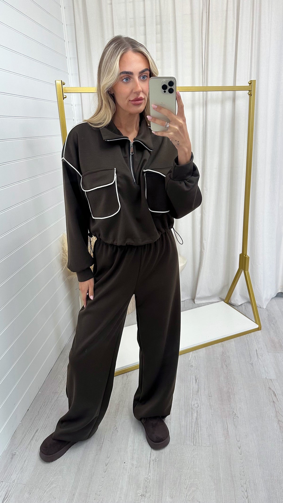 Contrast Piped Quarter Zip Sweatshirt and Joggers Co-Ord - BROWN