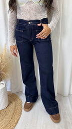 Front Pocket High Waisted Flare Jeans - DARK DENIM