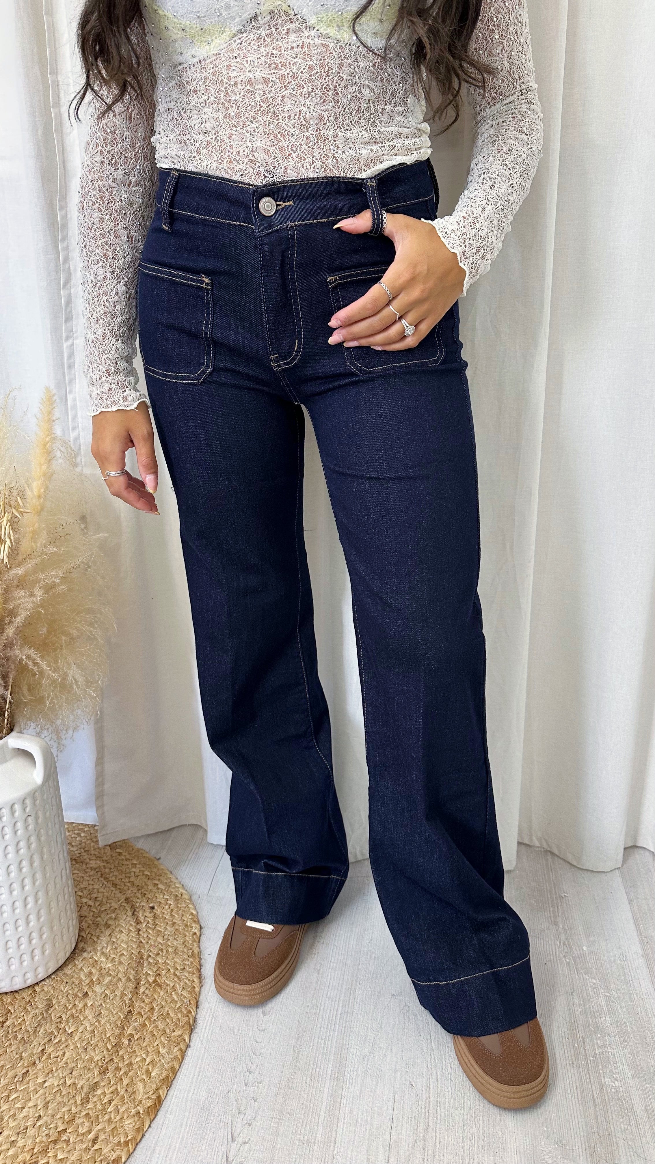 Front Pocket High Waisted Flare Jeans - DARK DENIM