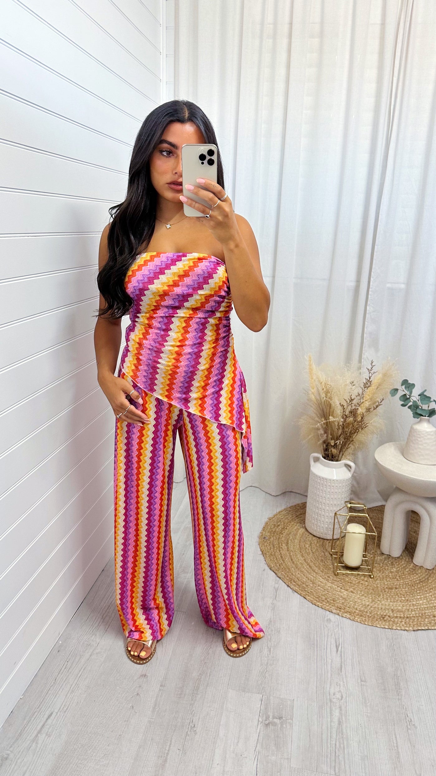 Zig Zag Bandeau Top and Trousers Co-Ord - PINK