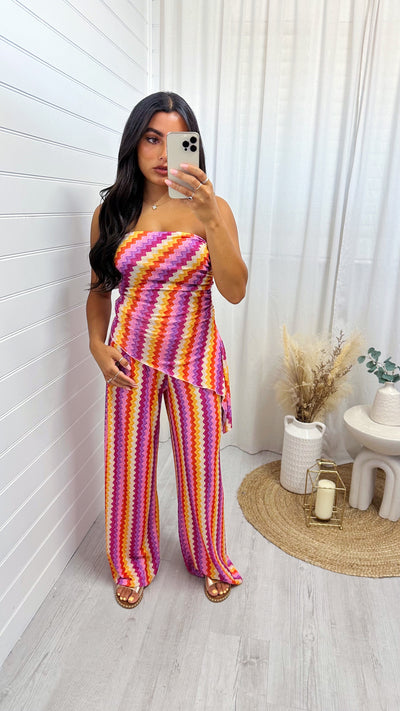 Zig Zag Bandeau Top and Trousers Co-Ord - PINK