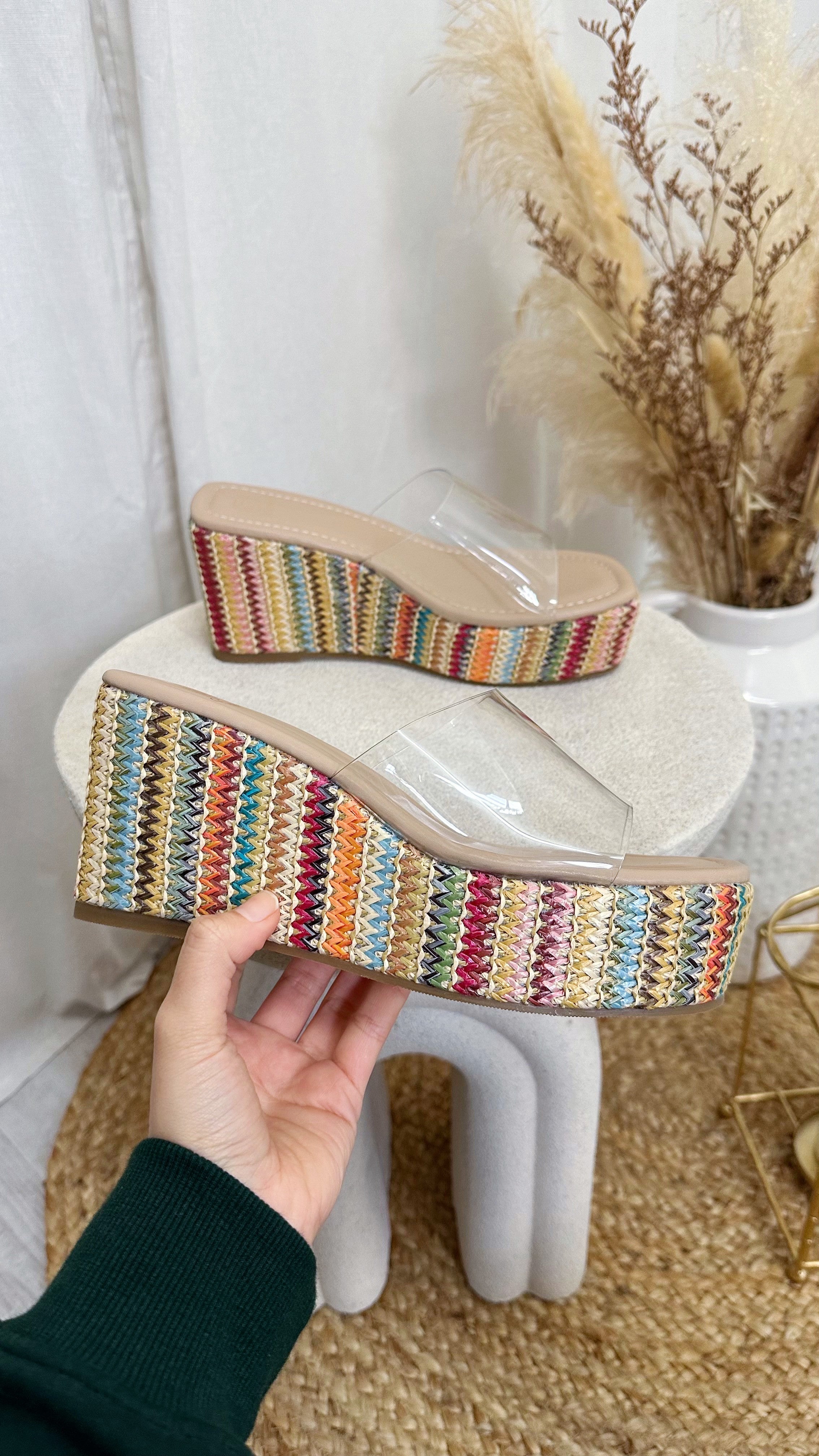 Clear Strap Platform Espadrille Wedges - DARK MULTI