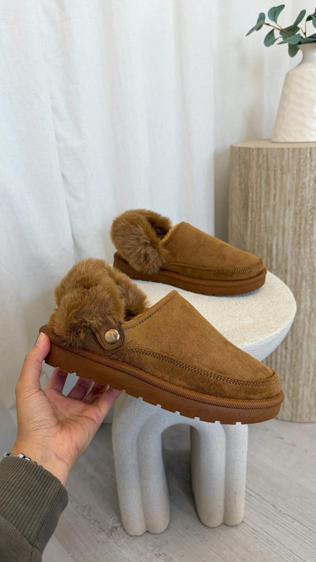 Faux Fur Strap Mule - CHESTNUT